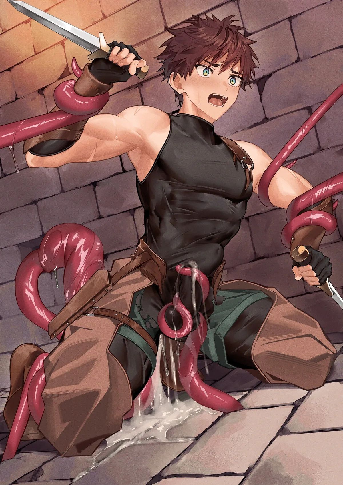 1boy, abs, anal, anal insertion, anal sex, armpits, arms up, ass, assless chaps, balls, balls under clothes, belly bulge, biceps, big bulge, blue eyes, blush, bodysuit, bondage, brick floor, brick wall, brown hair, bulge, bulge through clothing, cum, cum drip, cum explosion, cum filled, cum fountain, cum from ass, cum in ass, cum inside, cum leaking, cum on lower body, cum on penis, cum pool, cum puddle, cum splatter, cum string, cum through clothes, dagger, dripping, dripping cum, dual wielding, duo, ejaculation, erection, erection under clothes, excessive cum, eyelashes, fingerless gloves, full body, gauntlets, gay, genital outline, gloves, handjob, hi res, holding penis, holding weapon, inflated belly, intense orgasm, kneeling, male, male only, male penetrated, male rape victim, mature male, monster, mucus, muscles, muscular, muscular arms, muscular male, nakadashi, nayoshi (r-744), orgasm, original, original character, pecs, penis, raped, raped by monster, restrained, restrained arms, restrained legs, restrained wrists, scar, scar on arm, semen, sex, short hair, shorts, simultaneous orgasms, sleeveless, spread legs, sticky cum, straps, struggling, sweat, sweatdrop, tentacle, tentacle around arm, tentacle around leg, tentacle around penis, tentacle bondage, tentacle on male, tentacle penetration, tentacle rape, thick cum, tight clothing, torn clothes, tough guy, trapped, triceps, wide eyed, yaoi, young