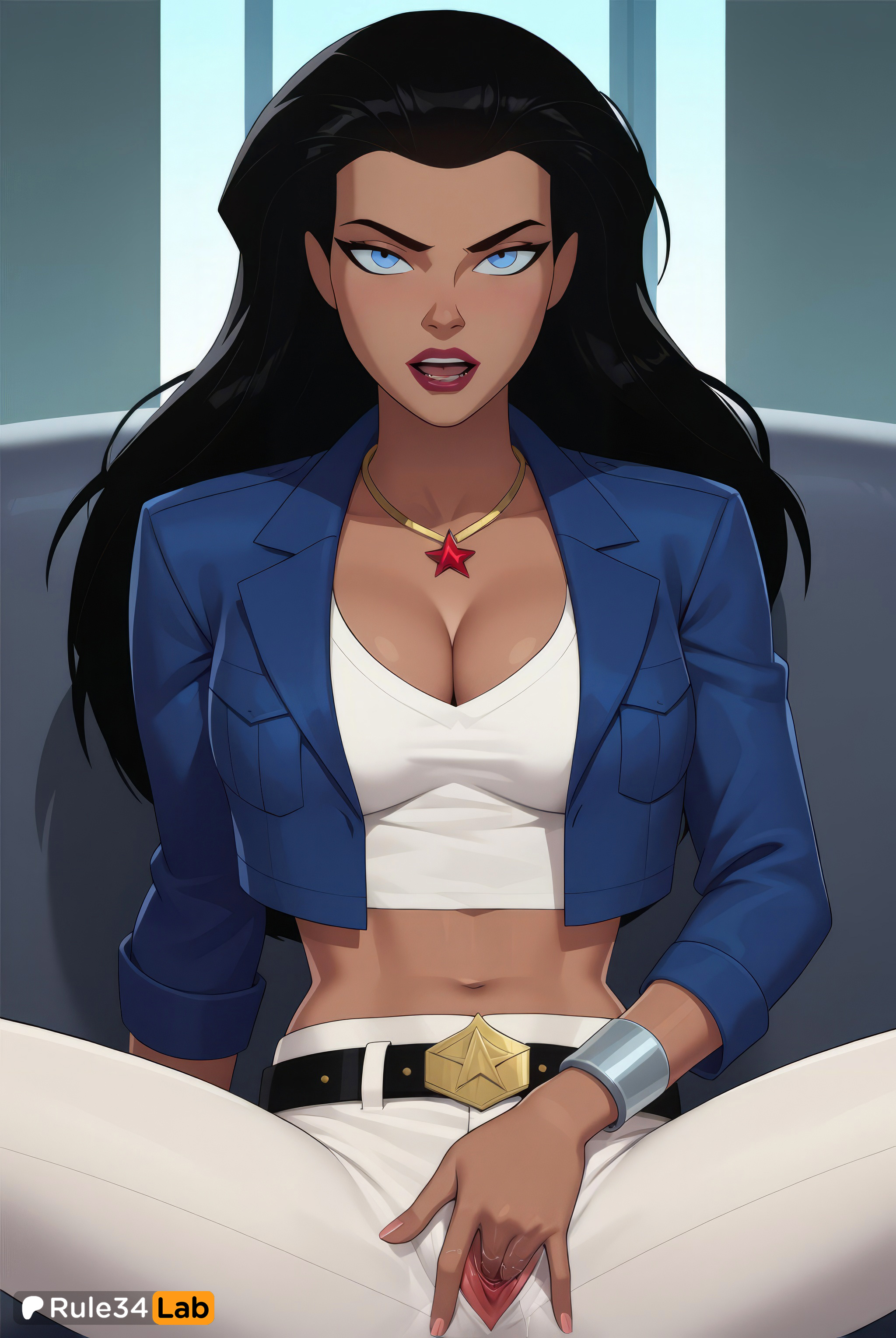 1girls, ai generated, artist name, belt, black belt, black hair, blue eyes, blue jacket, boomerang (tv network), bracelet, breasts, cartoon network, cleavage, collarbone, crop top, cropped jacket, crotchless pants, dark skin, dark-skinned female, dc, dc comics, dcau, diana prince, female, female masturbation, female only, hi res, jacket, jewelry, justice league, justice league unlimited, large breasts, lips, lipstick, long hair, looking at viewer, makeup, masturbation, midriff, navel, necklace, nose, open jacket, pants, pussy, pussy juice, red lips, rule34lab, shirt, sitting, solo, spread legs, spread pussy, star (symbol ), toned, two fingers in pussy, uncensored, warner brothers, white pants, white shirt, wonder woman, wonder woman (dcau)