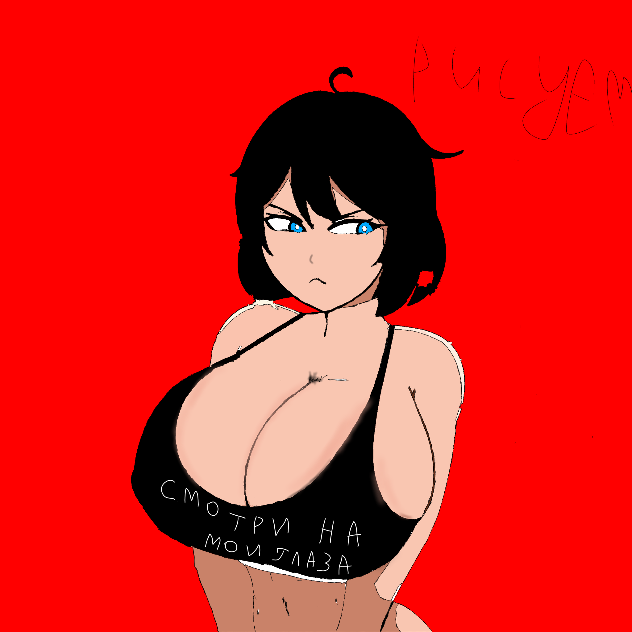 artist, big breasts, black hair, blue eyes, boobs, boobs focus, breasts, breasts focus, face focus, female, g3mma, no nfsm, telegram