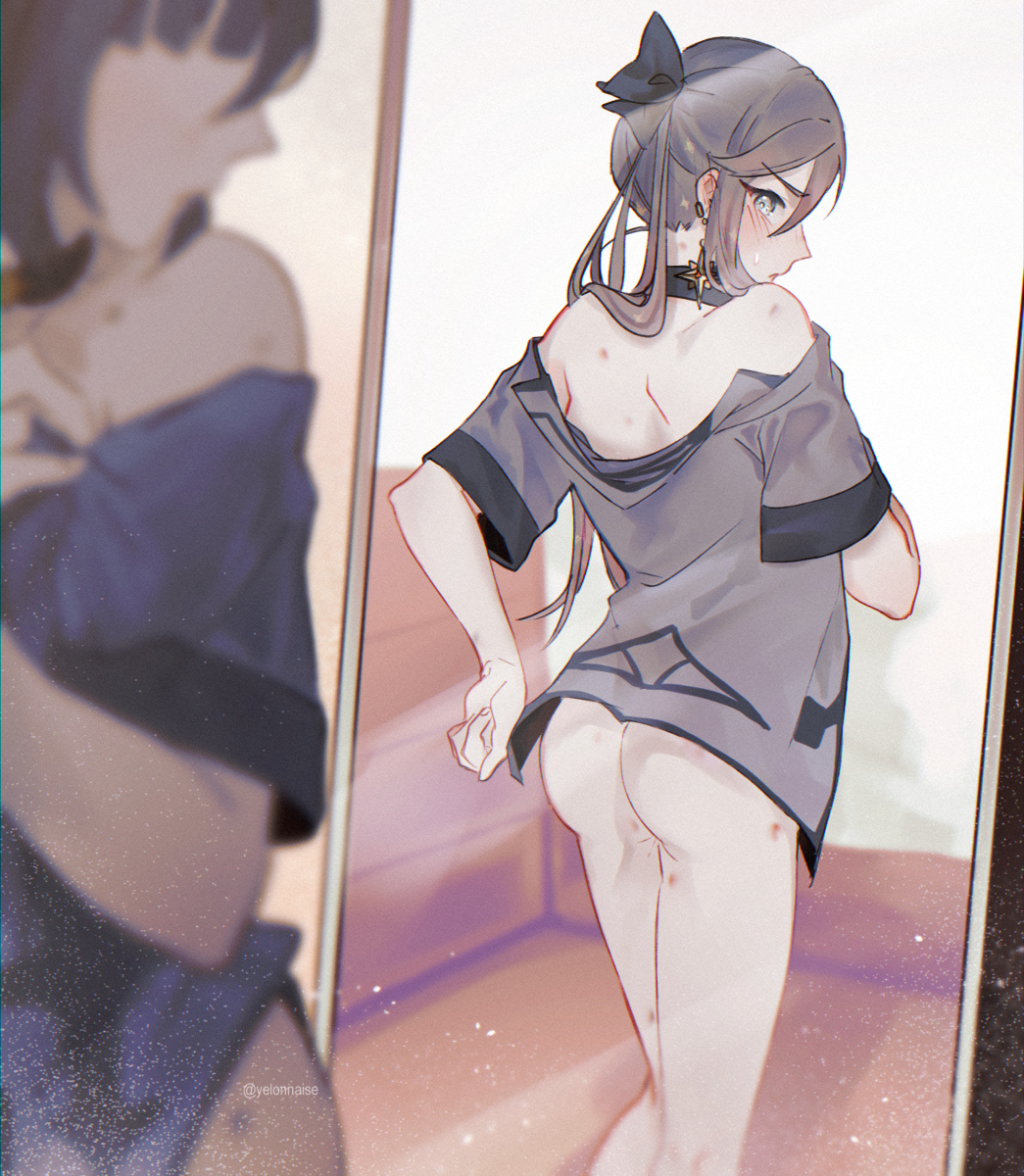 1girls, after sex, albedo (genshin impact), ass, bare ass, bare legs, bare shoulders, borrowed clothes, bottomless, boyfriends shirt, female, female focus, female only, genshin impact, hickey, hickey marks, kiss mark, mirror, mona (genshin impact), morning after, pantless, solo female, swapped clothes
