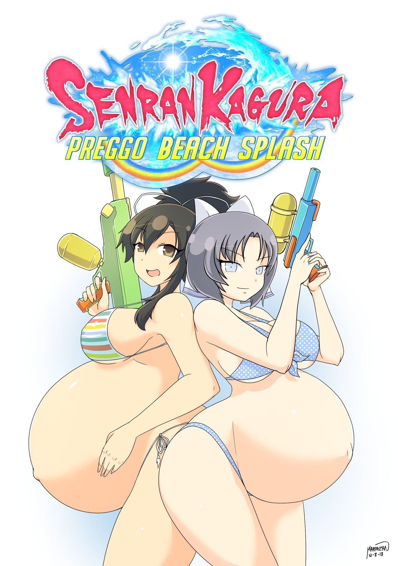 artist signature, asuka (senran kagura), bikini, blank background, blue eyes, breasts, brown eyes, brown hair, comic cover, dotted bikini, eyebrows visible through hair, female, grey hair, hair ribbon, large breasts, looking at viewer, marrazan, navel, outie navel, pregnant, ready to pop, senran kagura, side-tie bikini, smile, striped body, super belly, text, water gun, yumi (senran kagura)