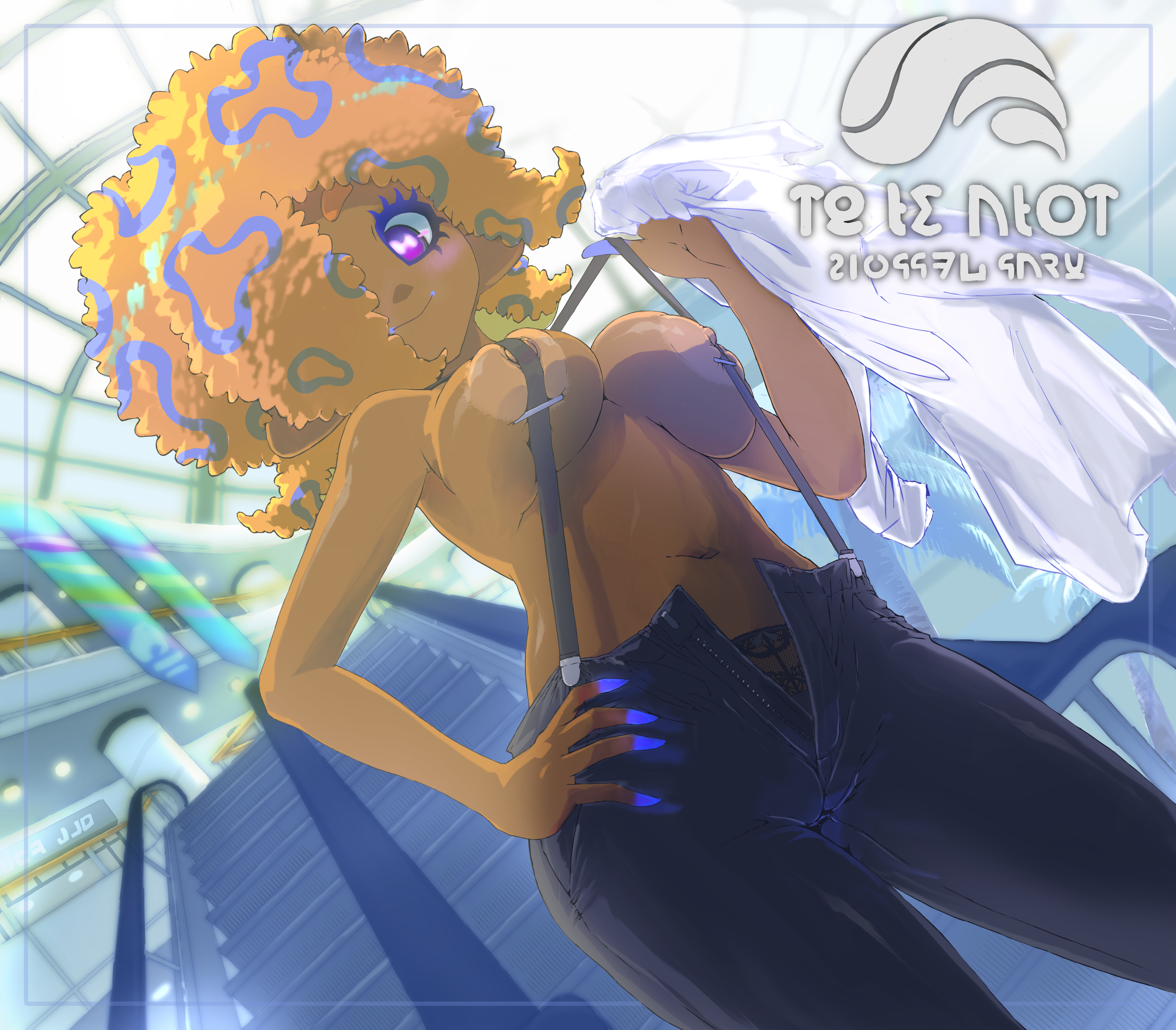 1girls, aqua tongue, breasts, cephalopod eyes, cleavage, dark skin, dark-skinned female, female, from below, fuzzy hair, hair over one eye, hideyoshi (swliyhbpe9xqqze), large breasts, naked suspenders, navel, nintendo, nipples, octoling, octoling girl, orange hair, patterned hair, purple eyes, shadow, solo, solo female, splatoon, splatoon (series), splatoon 3, suspenders, suspenders pull, sweat, tao blu (splatoon), tentacle hair, tongue, tongue out