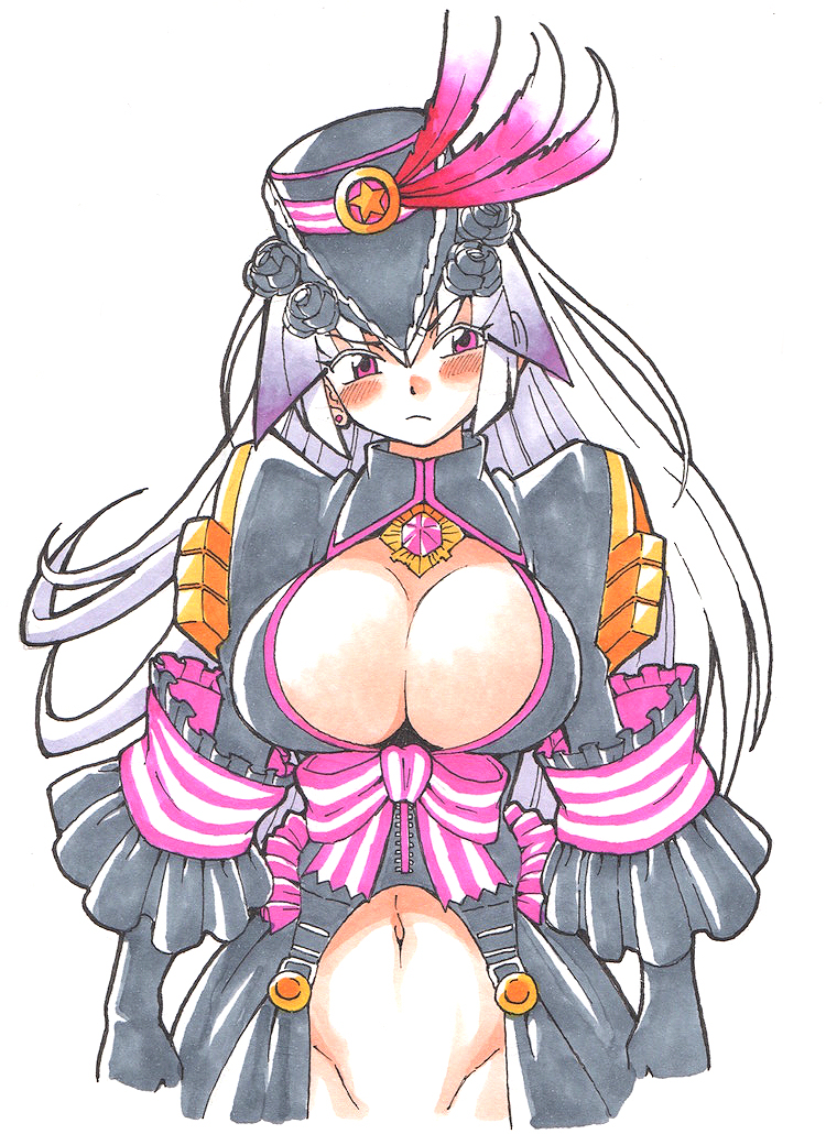 blush breasts female female_only hat large_breasts navel only_female oyatsu_(mk2) silver_hair