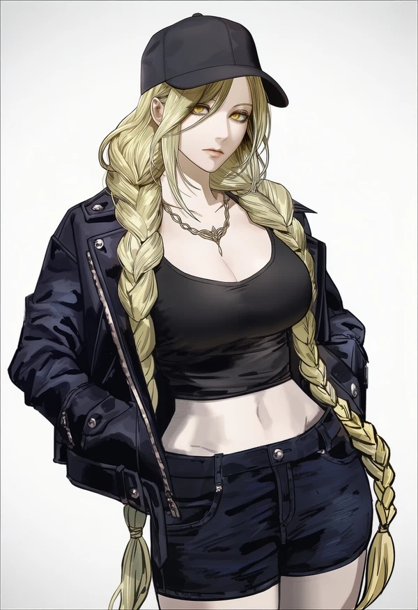 abs, ai generated, blonde hair, breasts, cleavage, elden ring, female, fromsoftware, gold eyes, hat, large breasts, midriff, necklace, queen marika the eternal, sangraal, short jeans, tank top, twin braids