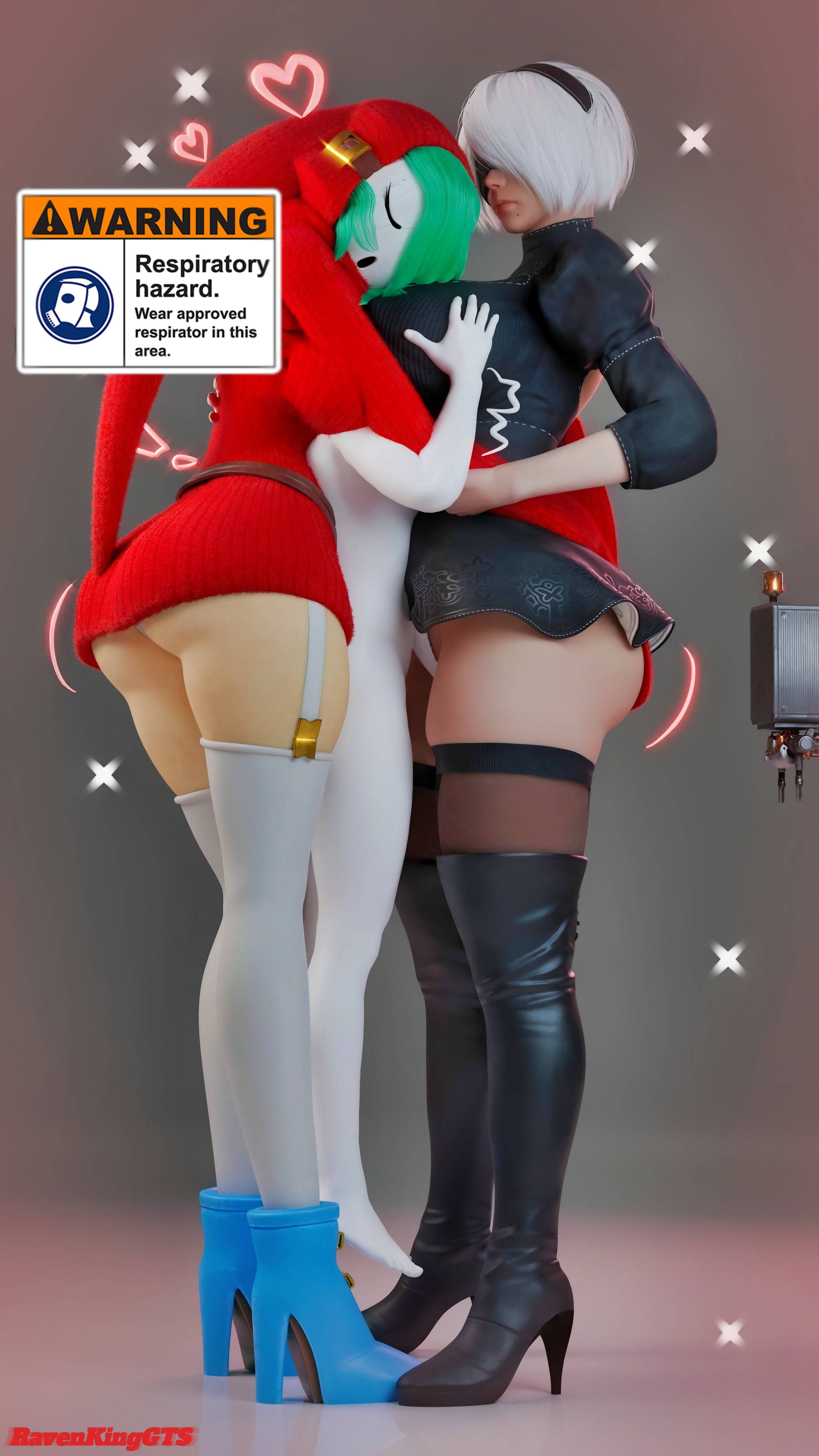 2girls, 3d, anon, ass, big ass, big breasts, blindfold, breasts, clothing, crossover, english text, female, giantess, hairband, head between breasts, huge breasts, large female, light skin, light-skinned female, mario (series), mini giantess, nier, nier: automata, nintendo, ravenkinggts, short hair, shy gal, size difference, super mario bros., text, thick thighs, thighhighs, white hair, yorha 2b
