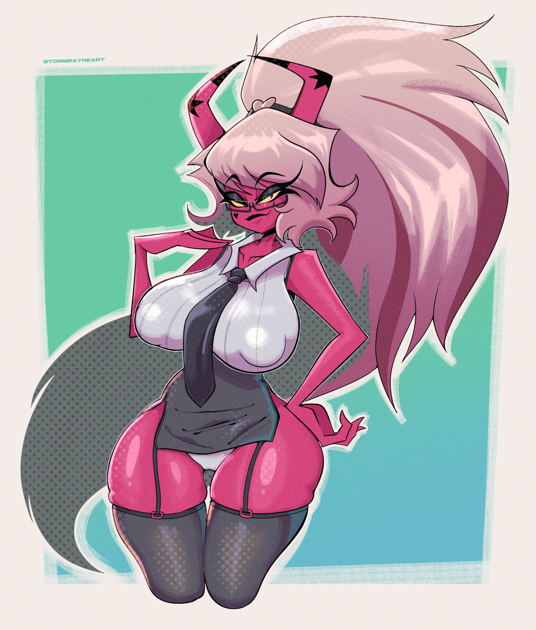 1girls, ass, bare arms, bare legs, bare shoulders, bare thighs, blush, breasts, casual nudity, clothed, clothing, color, demon, demon girl, female, female focus, female only, glasses, helluva boss, hi res, huge ass, huge breasts, large breasts, long hair, looking at viewer, nipple bulge, nipples visible through clothing, no bra, pink body, pink hair, pink skin, revealing clothes, sideass, solo, solo female, stockings, stormrayneart, succubus, succubus horns, tagme, teacher, teacher outfit, teasing, thick thighs, underass, verosika mayday, verosika mayday (helluva boss)