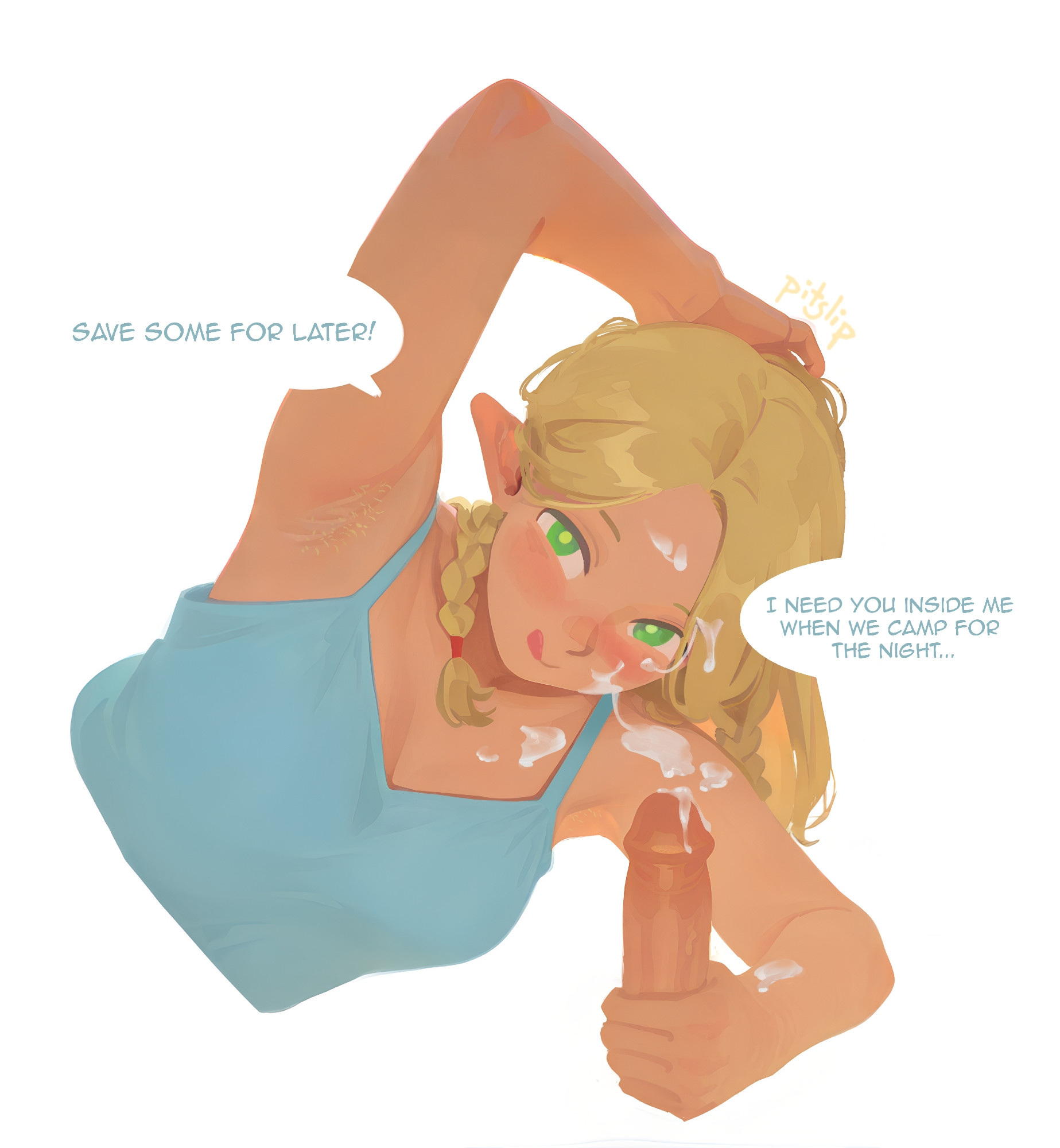 1boy, 1girls, 2025, 2d, 2d (artwork), ai assisted, alternate version available, armpit, armpit fetish, armpit hair, armpit stubble, armpits, blonde armpit hair, blonde female, blonde hair, blush, braid, breasts, clothing, cum, cum on body, cum on face, dialogue, digital media (artwork), dungeon meshi, elf, elf ears, elf female, female, female focus, green eyes, handjob, male, male/female, marcille donato, partially clothed, penis, pitslip, pointy ears, small breasts, solo focus, speech bubble, straight, text, text bubble, tongue, tongue out, uncensored, watermark, white background