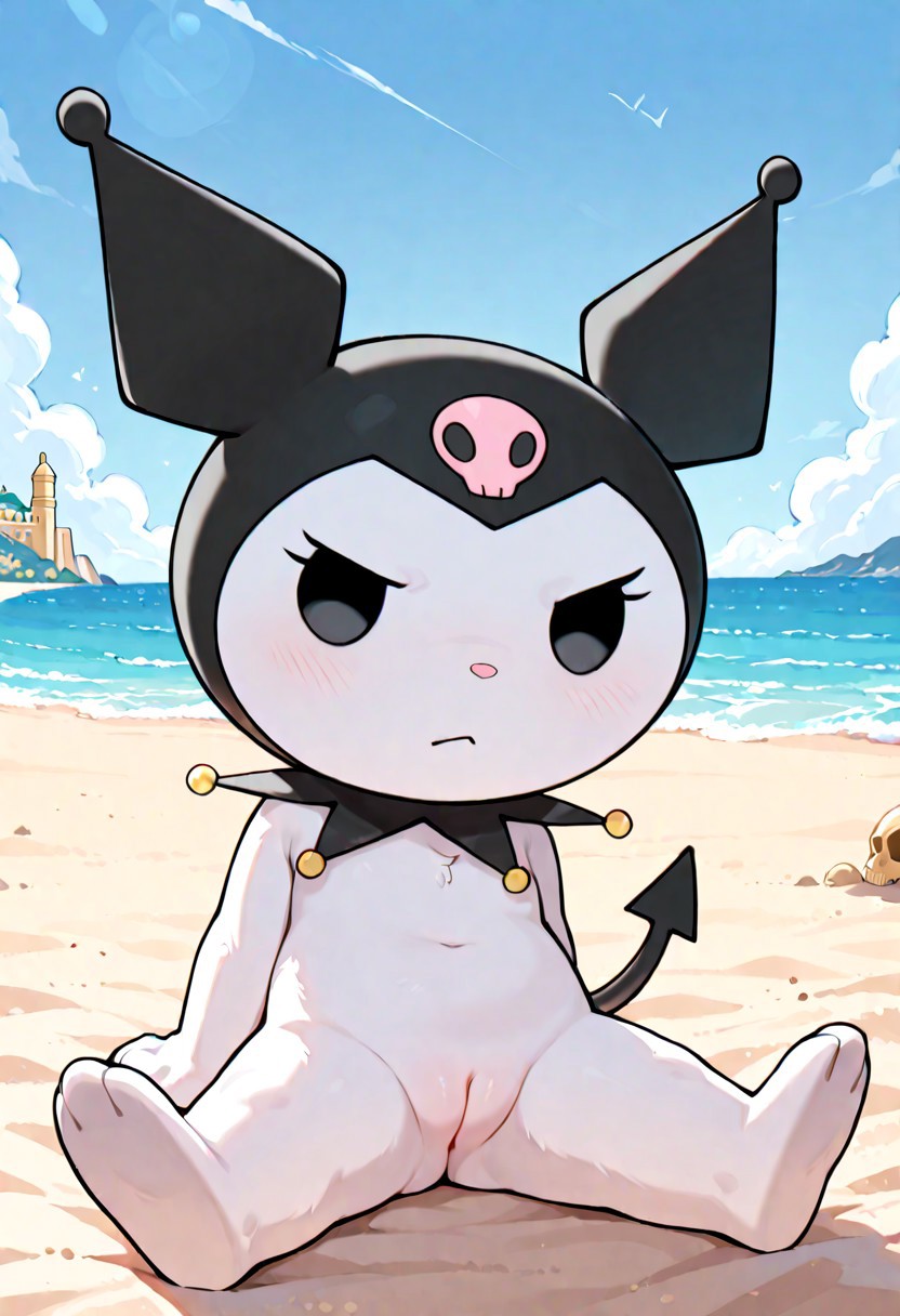 ai generated, anguirus12345, beach, beach background, blush, chibi, detailed background, female, innie pussy, kuromi, looking at viewer, navel, onegai my melody, pussy, sand, white fur