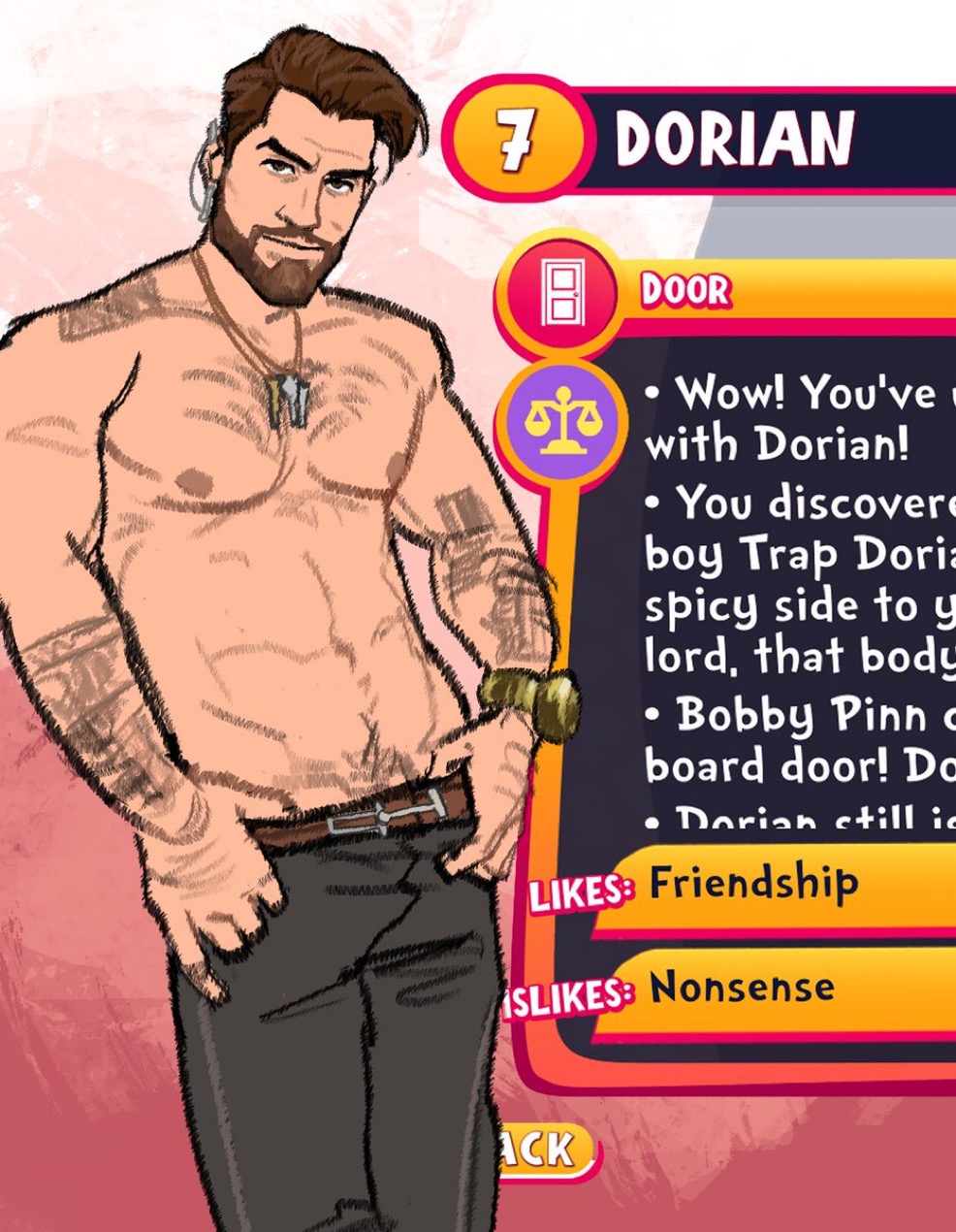 (trap) dorian, arm tattoo, arm tattoos, beard, belt, belt buckle, black pants, brown eyes, brown hair, brown-eyed male, brown-haired male, date everything, dorian (date everything), gameplay mechanics, hairy, hairy chest, hairy male, happy trail, key necklace, male, male only, microphone wire, rusticfurnace, shoulder tattoo, solo, solo male, strip, strip game, strip tease, tattoo, tattoo on arm, tattoo on shoulder, tattooed arm, tattooed shoulder, tattoos, title card, wristwatch