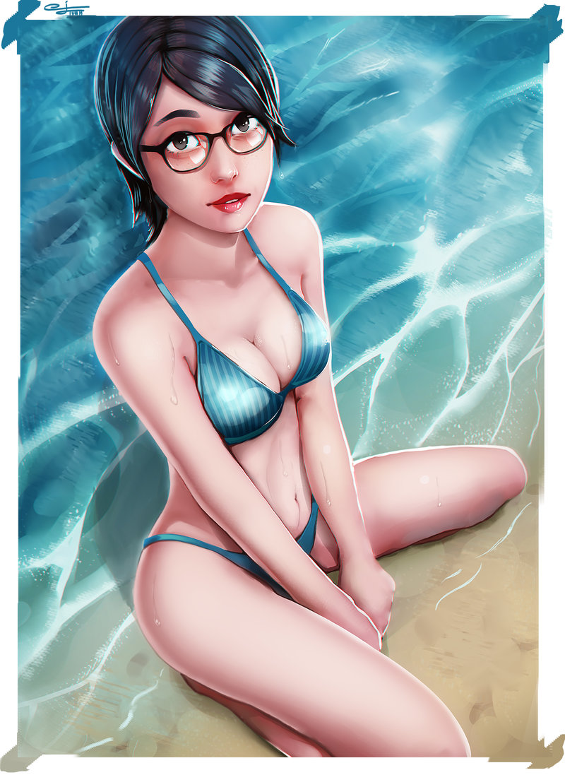 bikini, black hair, boruto: naruto next generations, eternajehuty, female, glasses, kneeling, naruto, naruto (series), sarada uchiha, smile, solo