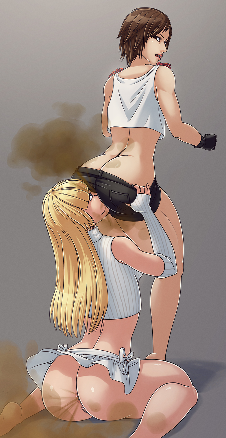 2girls, anus, artist request, ass, blonde hair, emilie de rochefort, fart, fart cloud, fart fetish, farting, farting in face, female, kazama asuka, multiple females, multiple girls, tekken