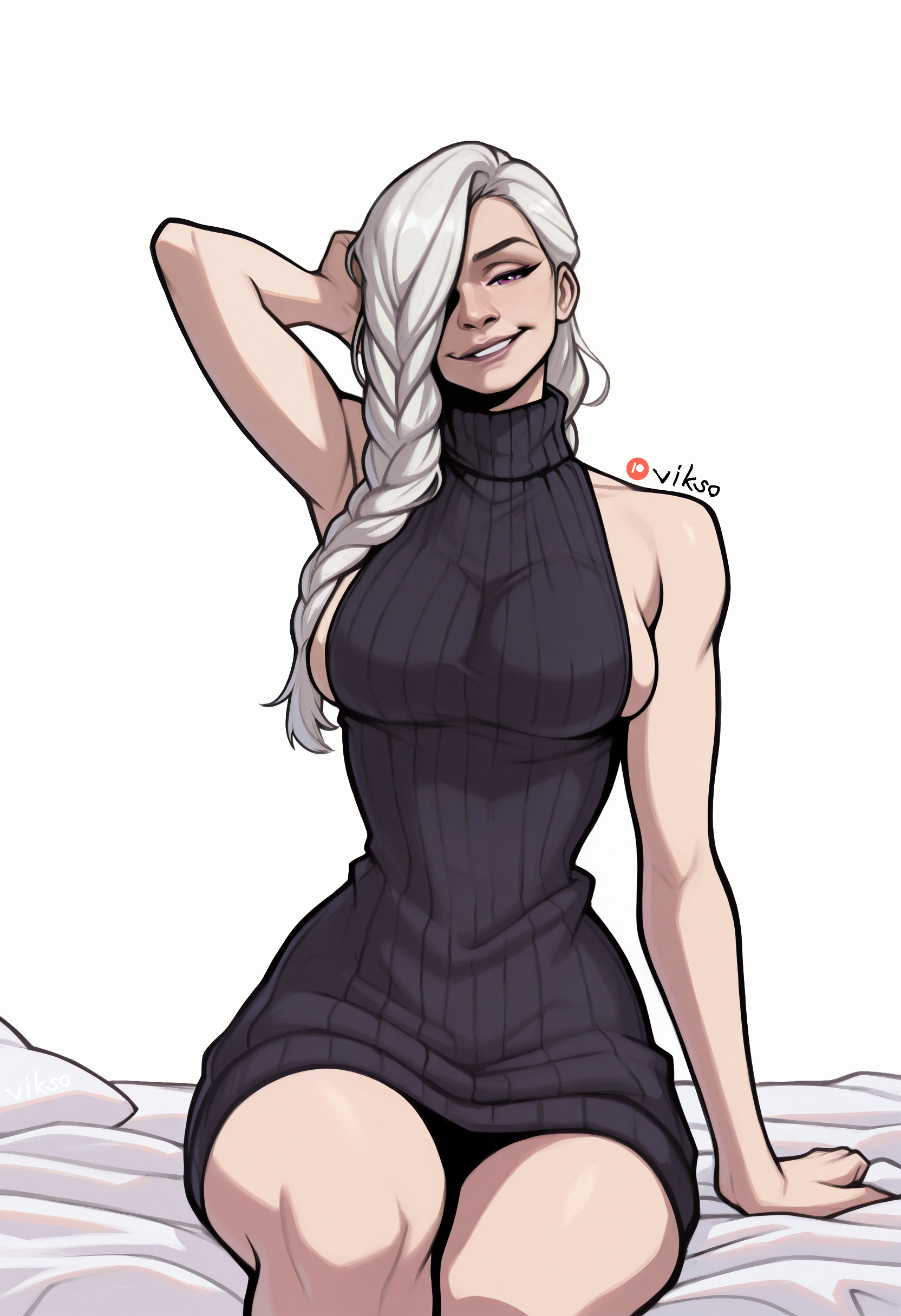 ai assisted, anime, bare shoulders, black dress, black sweater, braid, braided bangs, braided ponytail, breasts, dress, female, grin, hair, hair over shoulder, jujutsu kaisen, large breasts, long hair, looking at viewer, mei mei (jujutsu kaisen), on bed, over one eye, purple eyes, sideboob, simple background, sitting, sleeveless dress, sleeveless sweater, smile, solo, sweater dress, thighs, turtleneck, turtleneck dress, turtleneck sweater, vikso, virgin killer sweater, white background, white hair