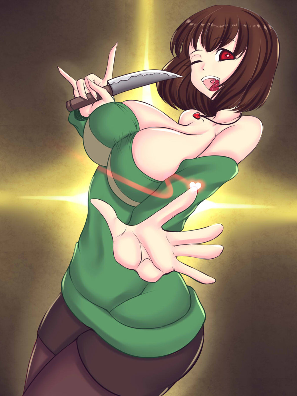 1girls, 2d, breasts, brown hair, chara, closed eyes, clothed, clothing, exposed breasts, female, female chara, female only, half naked, heart, human, human female, human only, knife, kommankom, open mouth, red eyes, smiling, solo, tight clothing, undertale, undertale (series), voluptuous, winking