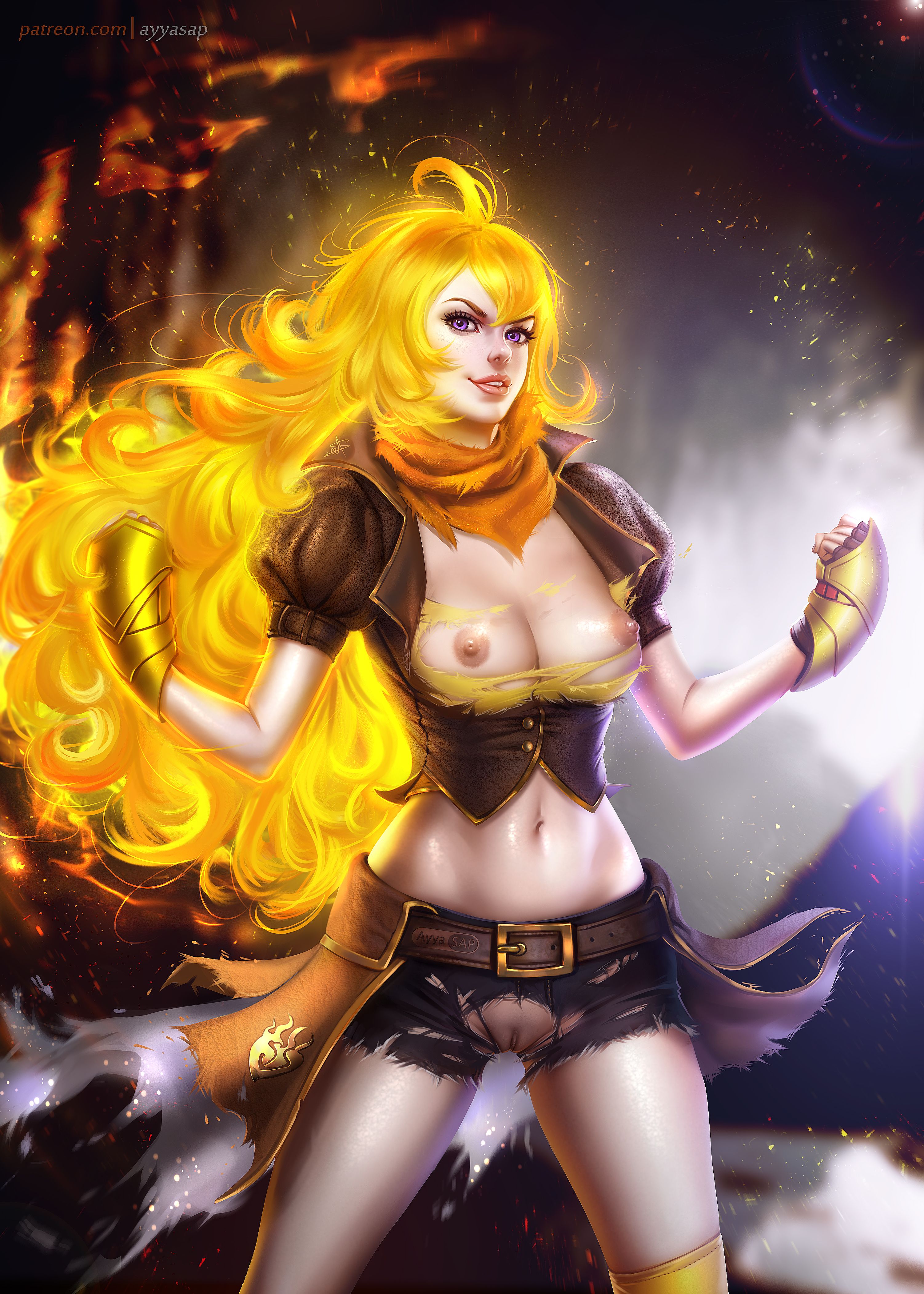 1girls, absurdres, areolae, ayyasap, blonde hair, breasts, female, female only, long hair, looking at viewer, nipples, purple eyes, pussy, rooster teeth, rwby, solo, solo focus, torn clothes, yang xiao long