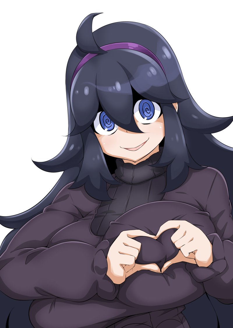 ahoge al_bhed_eyes alternate_breast_size breasts dress female hairband heart-shaped_boob_challenge heart_hands hex_maniac large_breasts long_sleeves looking_at_viewer nintendo open_mouth pokemon pokemon_xy purple_eyes purple_hair purple_hairband ribbed_sweater simple_background smile solo sweater toudori upper_body white_background wholesome