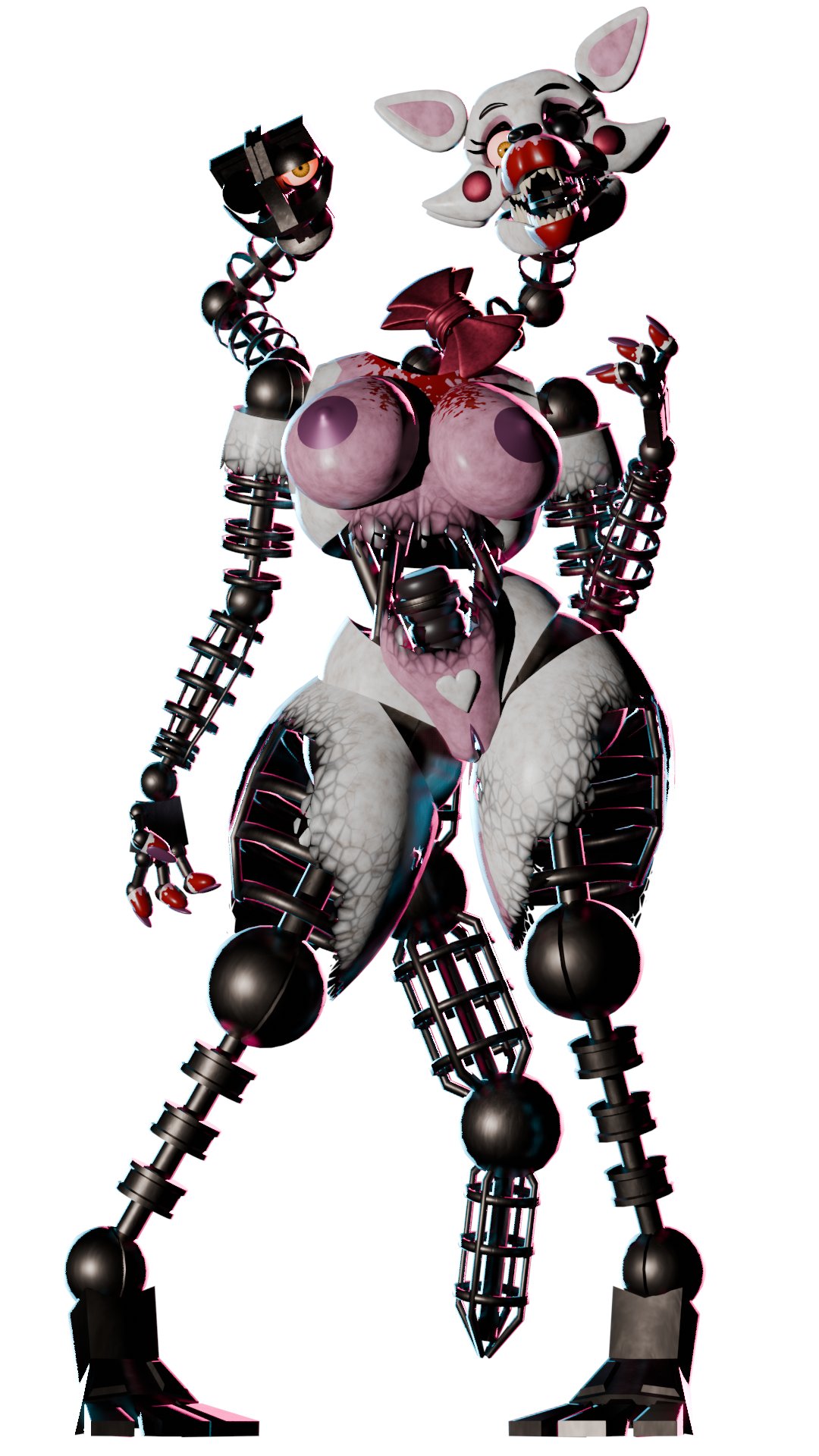 1 eye, 2 heads, 3d, 3d (artwork), 3d model, animatronic, atumalaca 3d, black nose, blood on face, blood stain, boobs, bowtie, breasts, canine, endoskeleton, exposed endoskeleton, eyebrows, eyelashes, female, five nights at freddy's, five nights at freddy's 2, full body, furry, furry ears, furry female, furry tail, heart, heart symbol, horror, joints, mangle (atumalaca 3d), mangle (fnaf), mangled mangle (fnaf), nails, pink body, pink fur, pink skin, posing, pussy, red cheeks, robot, robot girl, scary, sharp claws, sharp nails, sharp teeth, snout, solo, thick thighs, tits, vagina, white background, white body, white fur, white skin, withered