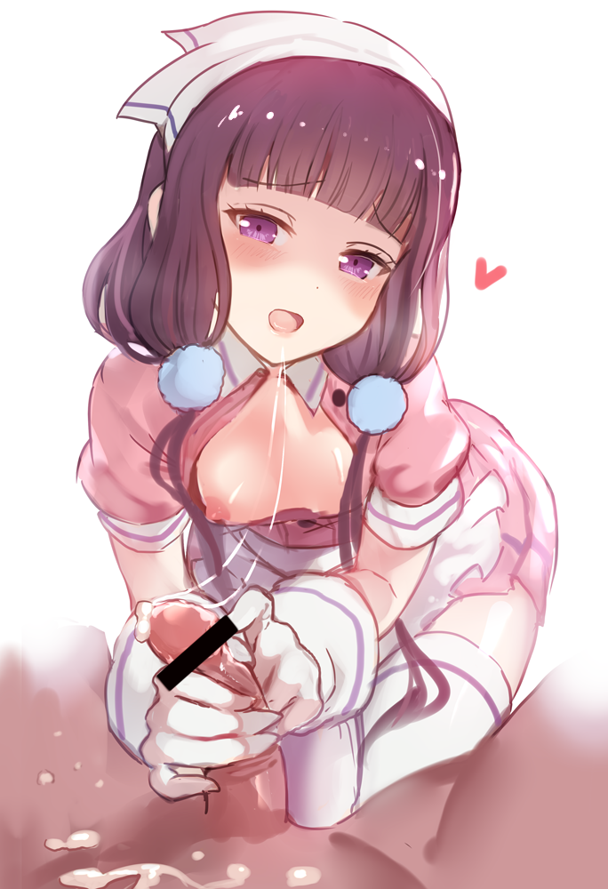 1boy 1girls after_sex black_hair blend_s blush breasts censored cum dark-skinned_male dark_skin gloved_handjob gloves handjob head_scarf heart light-skinned_female light_skin nipples open_clothes open_mouth penis pov purple_eyes sakuranomiya_maika saliva saliva_trail small_breasts stile_uniform thighhighs waitress white_gloves white_legwear