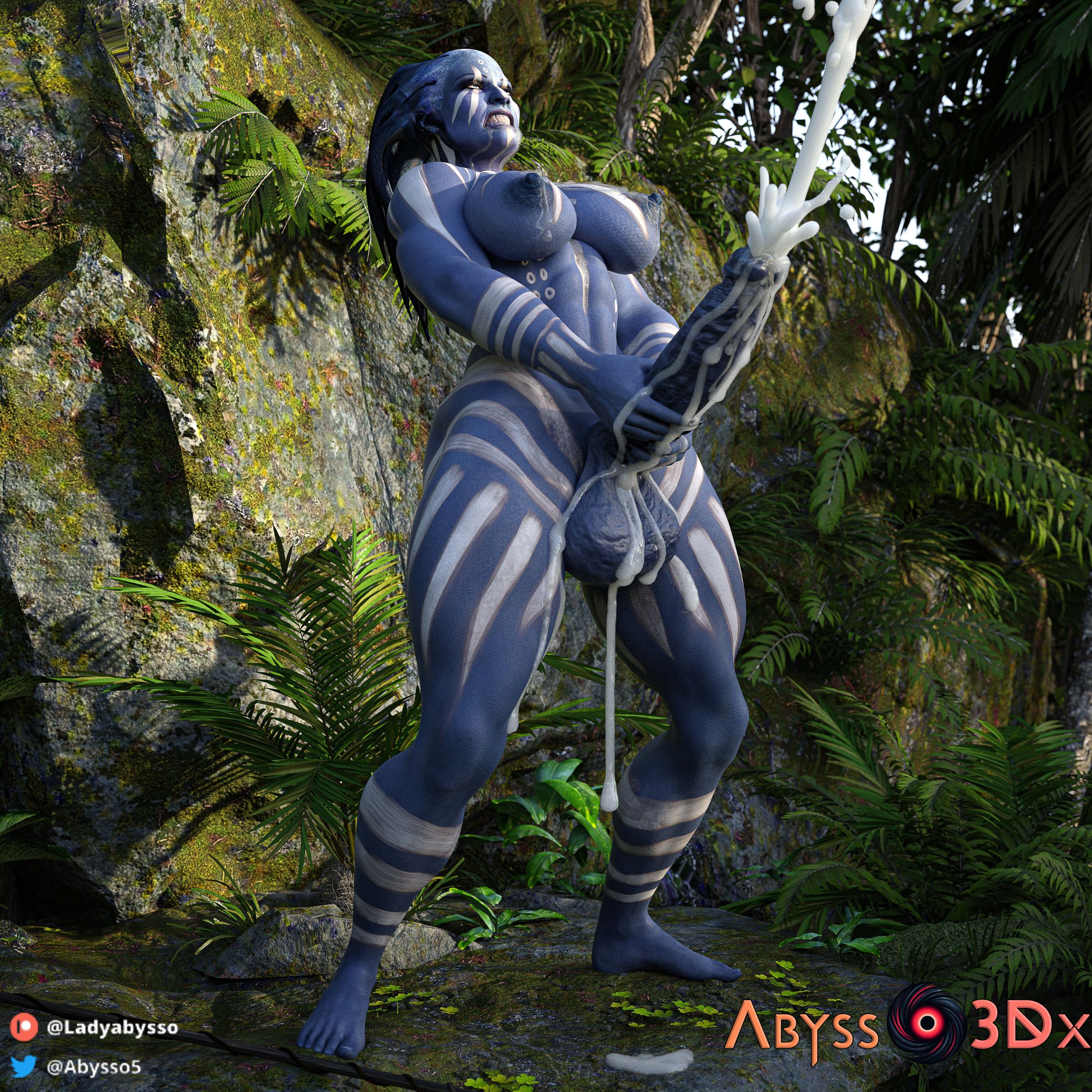 1futa, 3d, 3d (artwork), alien, alien girl, arms behind head, asari, asari futa, balls, big breasts, blue skin, breasts, cum, dickgirl, erection, excessive cum, female, futa only, futanari, grinning, huge balls, intersex, jungle, ladyabysso, leaking cum, leaking milk, mass effect, nails, no clothes, precum, precum drip, spear, standing, tattoo, tattoos, teeth clenched, tribal