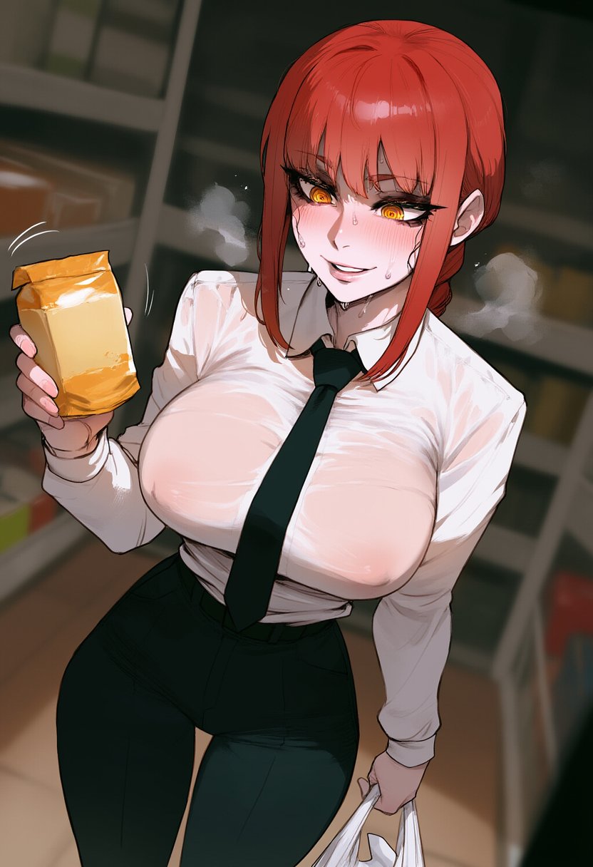 1girls aroused blush butter chainsaw_man large_breasts lips makima_(chainsaw_man) naughty_face public red_hair shopping solo yumerush