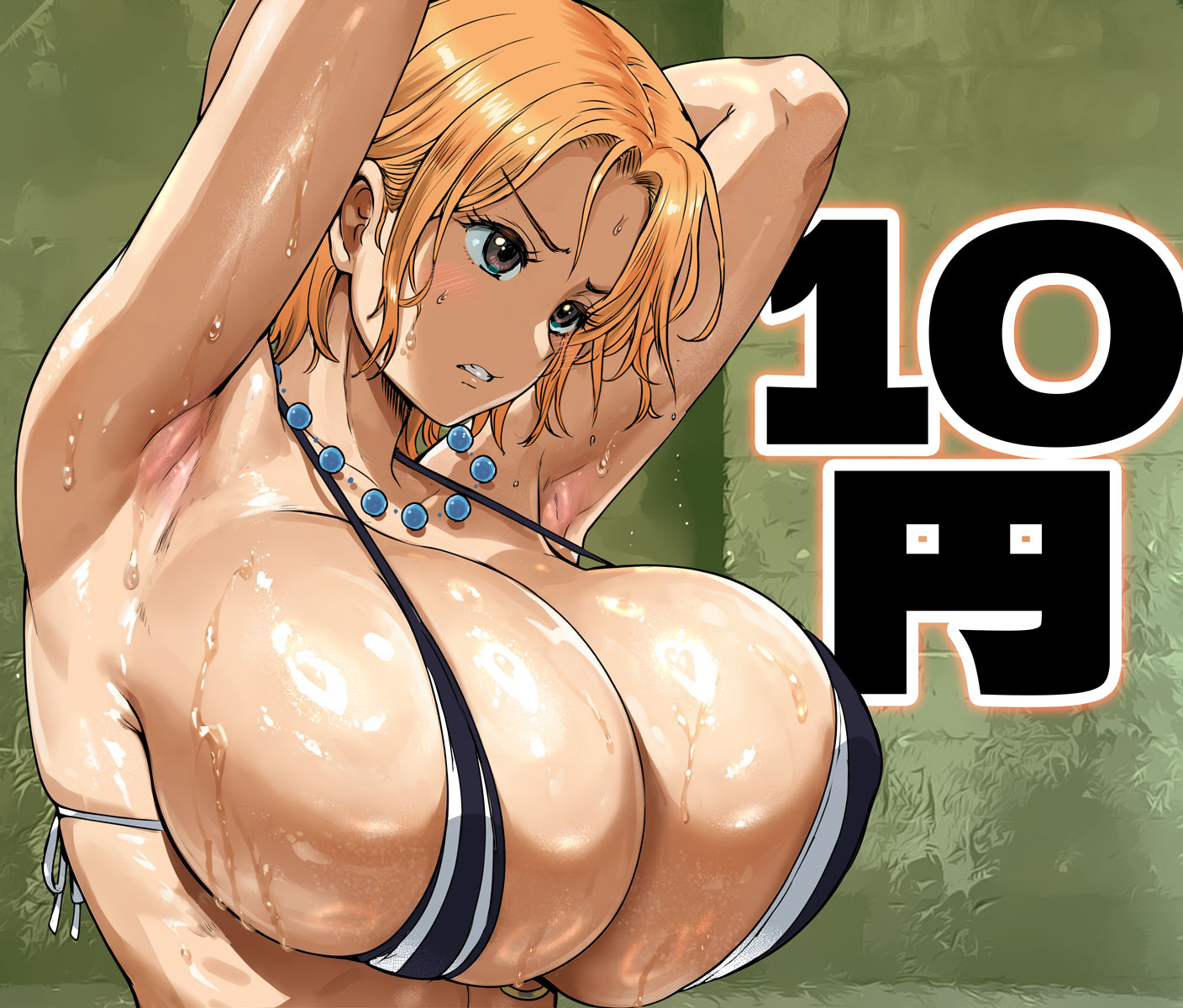 1girls, armpits, bare shoulders, bikini, breasts, clothing, female, female only, highres, huge breasts, nami (one piece), one piece, open mouth, orange hair, pre-timeskip, rebis