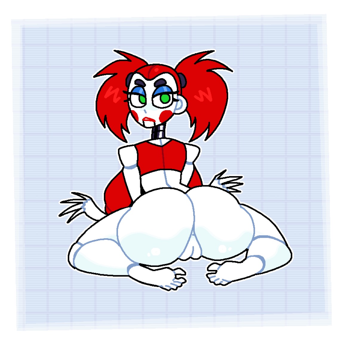1girls, animatronic, animatronic female, ass, ass bigger than head, ass crack, barefoot, big breasts, breasts, breasts bigger than head, butt crack, crushtrap, digital media (artwork), eleanor (fnaf), fazbear frights, female, female only, five nights at freddy's, full body, green eyes, humanoid, large breasts, looking back, ponytails, pussy, red hair, sharp fingers, solo, solo female, tagme, white skin