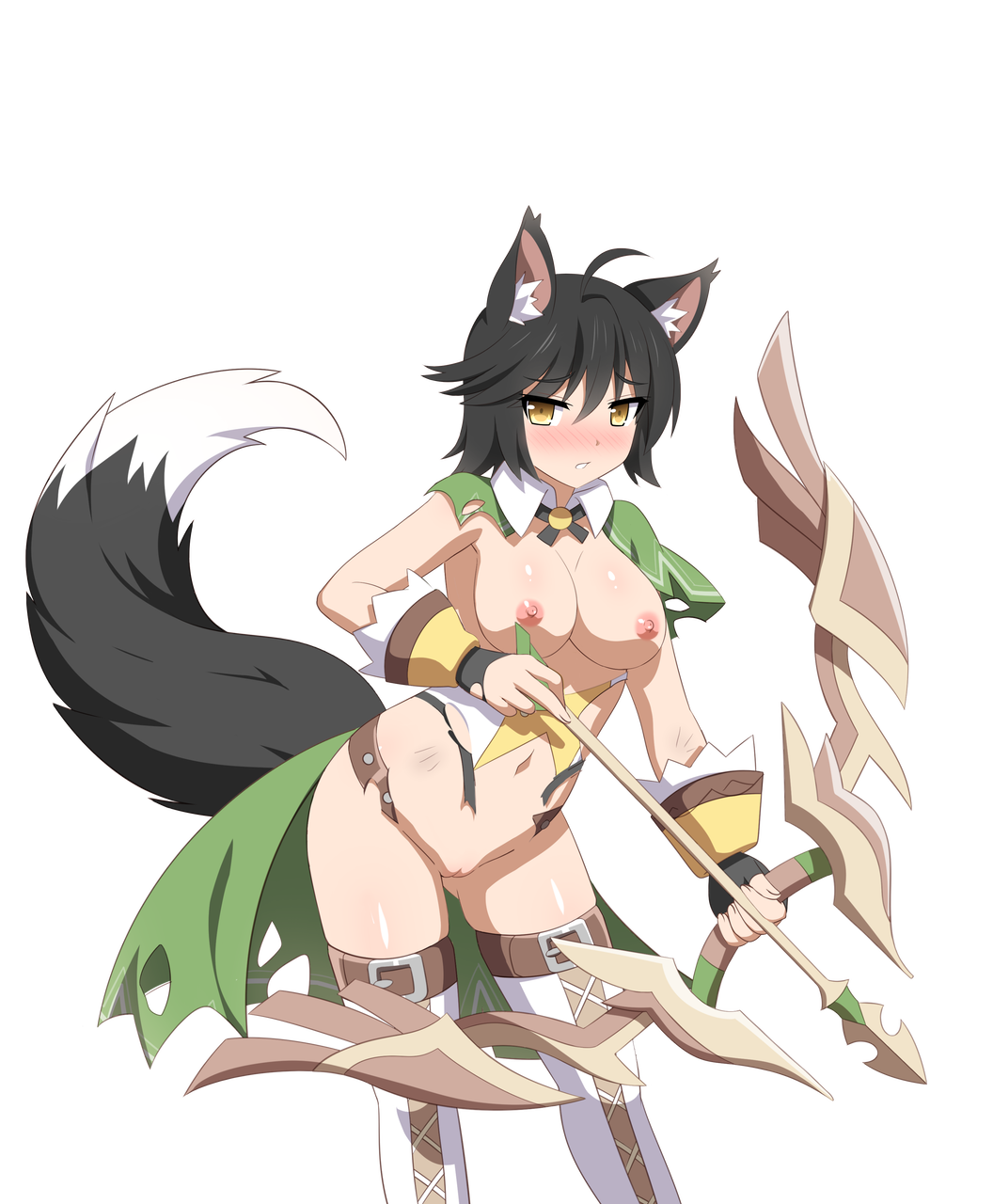 animal_ears arrow_(projectile) black_hair blush boots bow_(weapon) breasts breasts_out cape embarrassed fingerless_gloves fox_archer_(sakura_dungeon) fox_ears fox_girl fox_tail gloves highres official_art sakura_dungeon sprite tail torn_clothes transparent_background wanaca weapon yellow_eyes