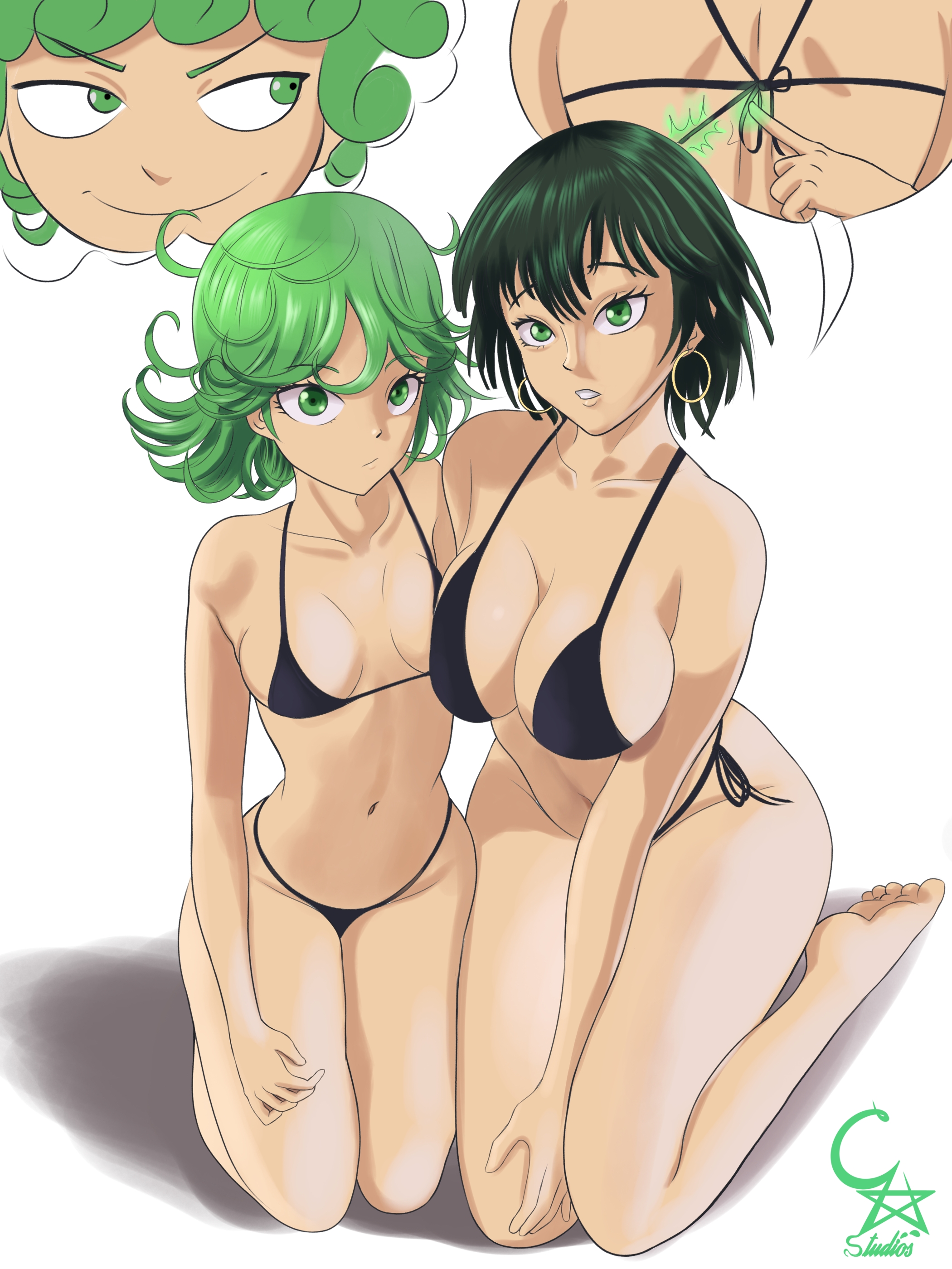 2girls, bikini, cockstar studios, female, female only, fubuki (one-punch man), hugging, kneeling, multiple females, multiple girls, one-punch man, prank, sisters, string bikini, tatsumaki