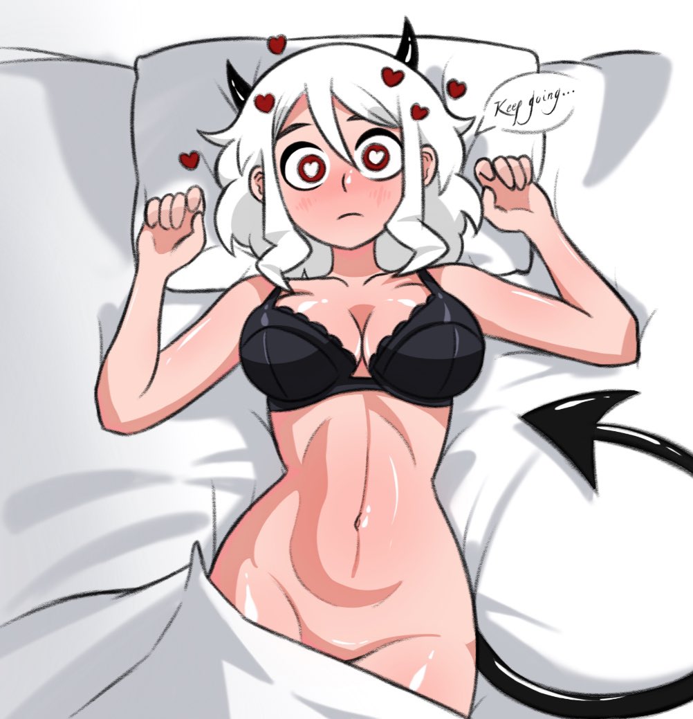 1girls, blush, breasts, bright pupils, closed mouth, collarbone, demon horns, demon tail, english text, female, from above, graphicthereal, groin, hair between eyes, heart, heart-shaped pupils, helltaker, horns, large breasts, looking at viewer, loving aura, lying, medium hair, modeus (helltaker), navel, on back, on bed, red eyes, speech bubble, symbol-shaped pupils, tail, white hair, white pupils