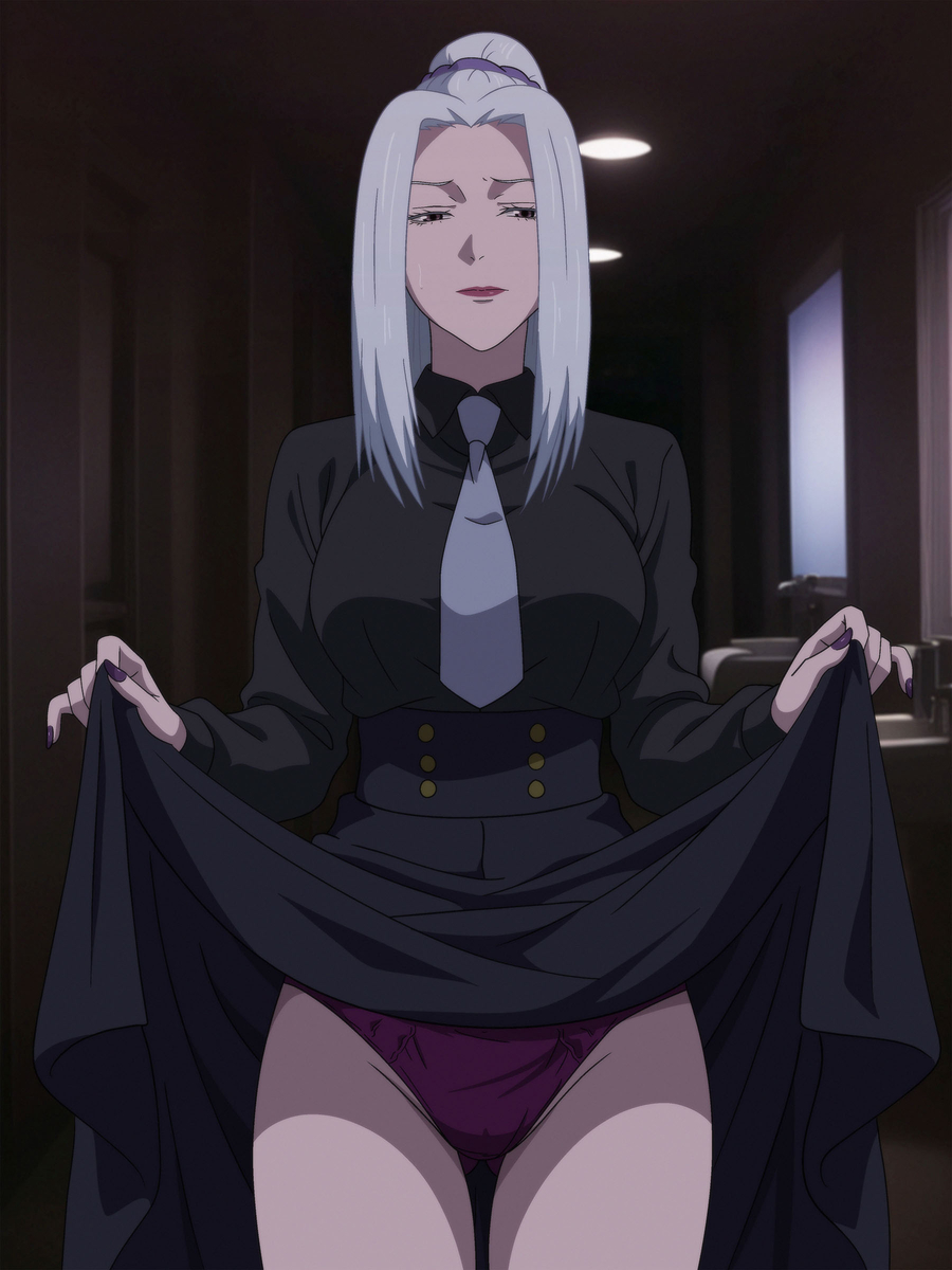 1girls, female, forced exposure, jujutsu kaisen, mei mei (jujutsu kaisen), panties, public restroom, purple panties, salmon knight, showing panties, skirt lift