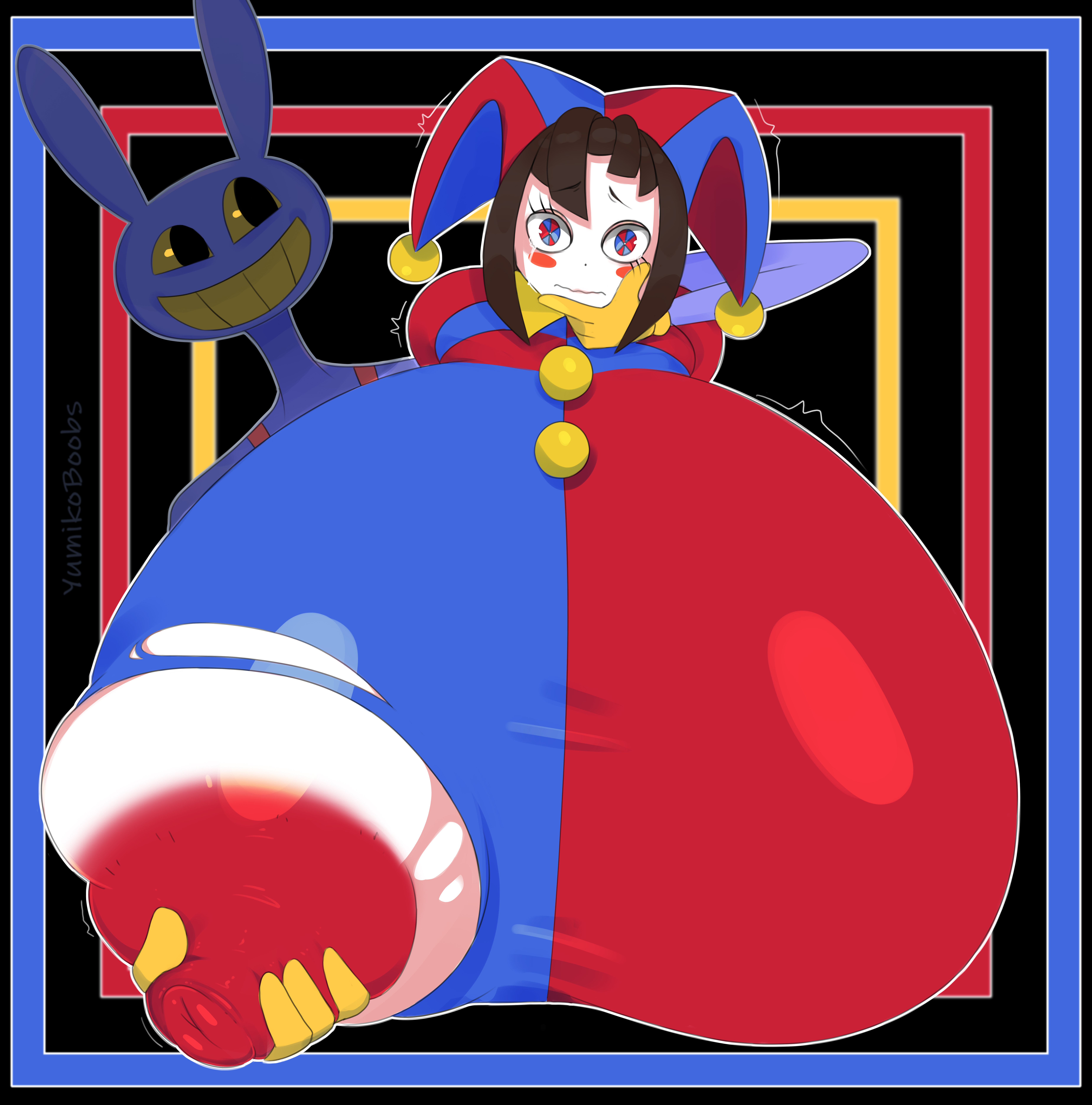 1boy, 1girls, breast grab, breasts, breasts bigger than head, bunny boy, clown girl, duo, female, fondling, from behind, humanoid toons, jax (the amazing digital circus), large breasts, male, mixed pair, one breast exposed, parody, pomni, pomni (the amazing digital circus), smile, straight, suggestive, the amazing digital circus, toon style, topless, yumi mi
