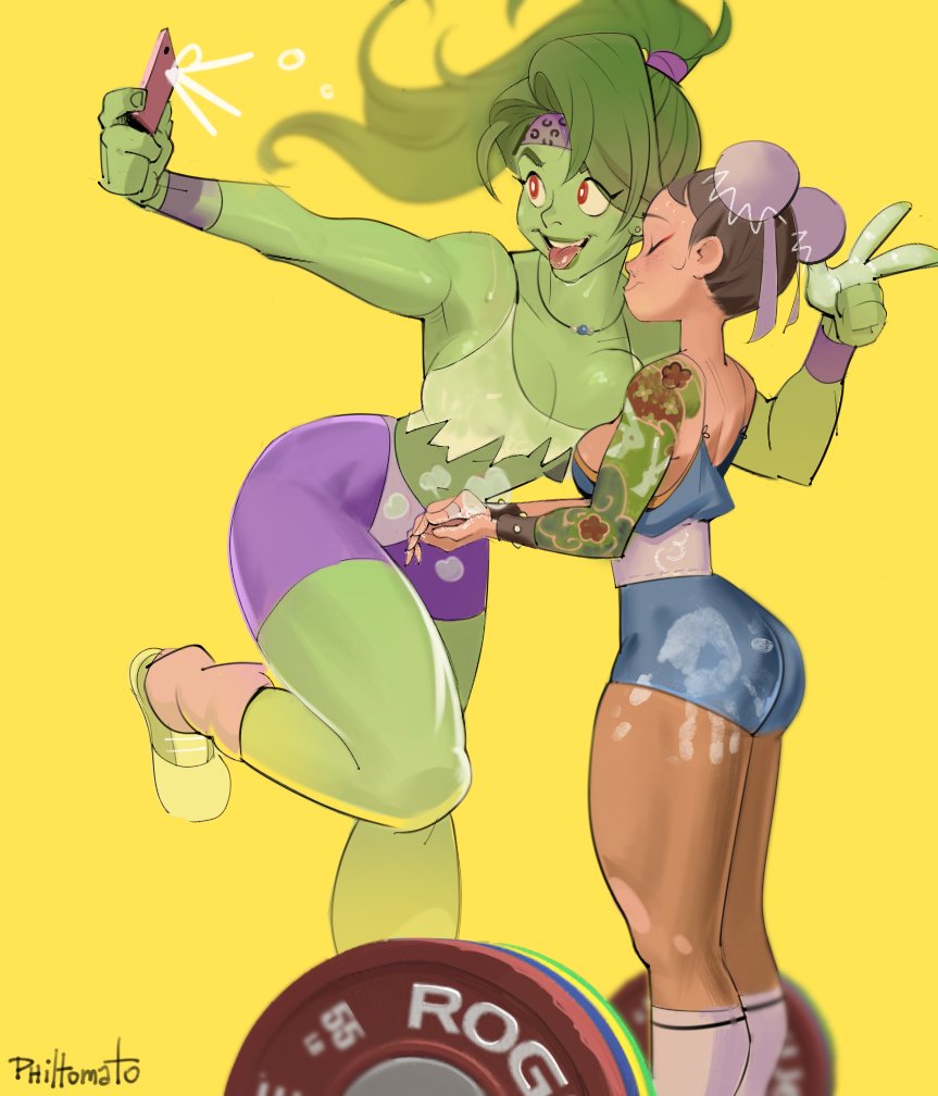 1980s, arm tattoo, breasts, capcom, chun-li, crossover, headband, leg warmers, leotard, marvel, marvel comics, philtomato, selfie, she-hulk, sleeve tattoo, smiling, street fighter, sweat, tattoo, tattoo sleeve, thick thighs, workout, workout clothes