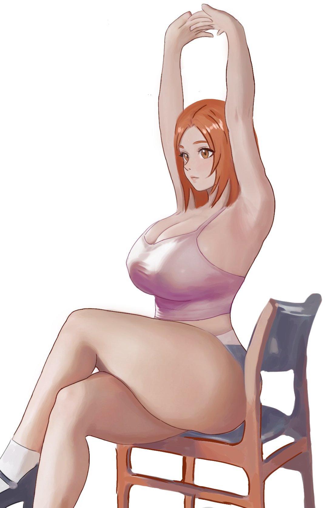 about to burst, ai, ai assisted, ai generated, armpits, arms up, barely contained, barely contained breasts, barely fits, bleach, breasts, breasts too big, brown eyes, brown hair, bursting breasts, crossed legs, curvy, curvy body, curvy female, female, heyy vivii, imminent wardrobe malfunction, inoue orihime, jean shorts, large breasts, long hair, orange hair, shorts, socks, straining clothing, stretching, tagme, thick, thick thighs, tight clothes, tight clothing, tight fit, too tight, top, undersized clothes, undersized clothing, voluptuous, voluptuous female, wide hips
