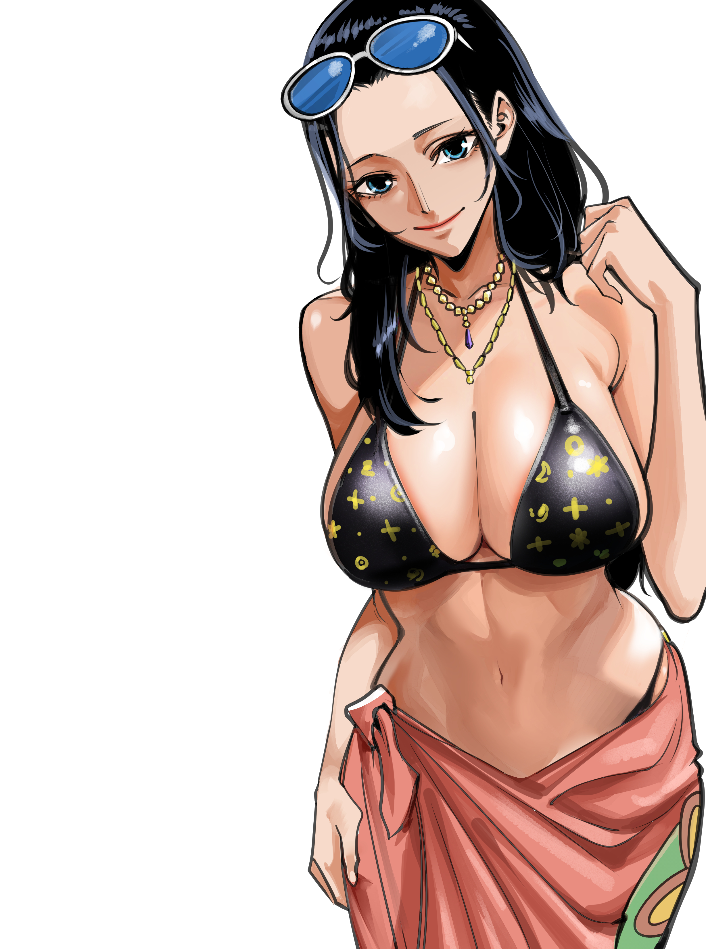 1girls, about to burst, absurdres, barely contained, barely contained breasts, barely fits, bikini, black bikini, black hair, black-haired female, blue eyes, breasts, breasts too big, clothing, collar, eyewear on head, female, female only, highres, imminent wardrobe malfunction, large breasts, nadainishi, nico robin, one piece, simple background, skirt, solo, straining clothing, sunglasses, swimsuit, tight bikini, tight fit, tight swimsuit, tight swimwear, too tight, undersized clothes, undersized clothing, white background