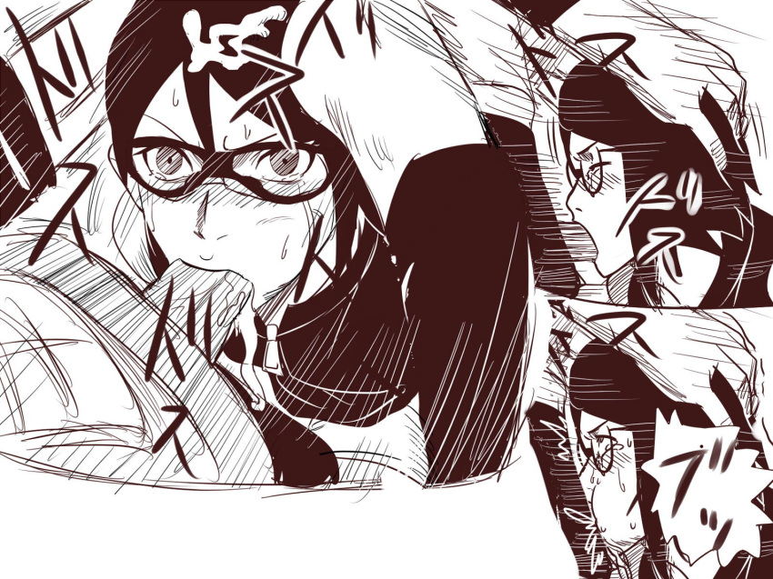 black_hair blush boruto:_naruto_next_generations breasts cheek_bulge closed_eyes crying deepthroat eyebrows fellatio glasses hand_on_head looking_at_another monochrome motion_lines naruto nier_(artist) onomatopoeia oral partial_male penis raised_eyebrows rape sarada_uchiha sequential short_hair small_breasts solo_focus standing tears uncensored zipper