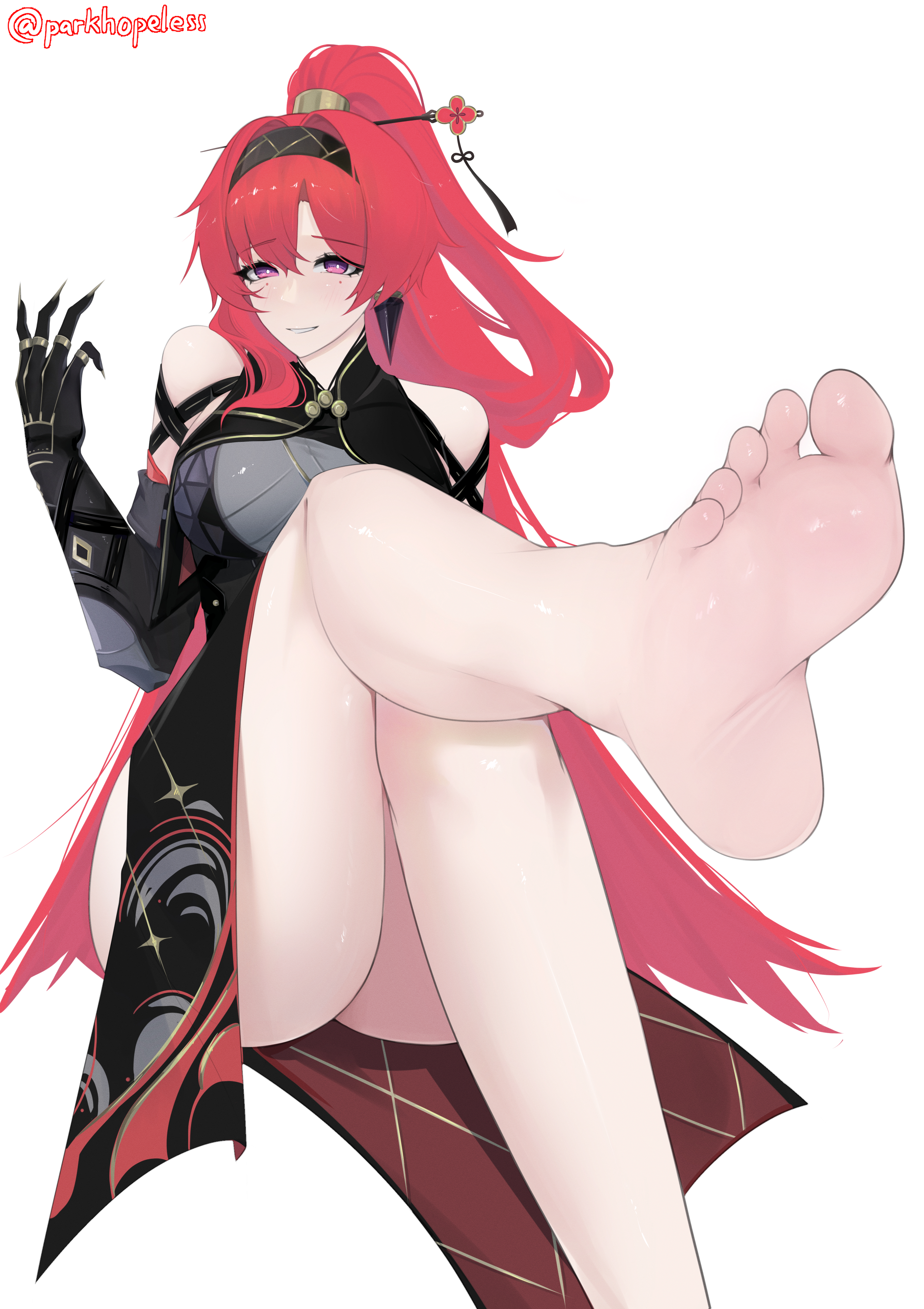 1girls, ankles, ass, bare ass, bare butt, bare calves, bare knees, bare legs, bare shoulders, bare soles, bare thighs, barefoot, breasts, calves, crossed legs, crossed legs (sitting), exposed ass, exposed butt, exposed legs, exposed shoulders, exposed skin, exposed thighs, exposed toes, eyebrows visible through hair, feet, feet focus, female, female focus, female only, fingers, foot fetish, foot focus, full body, hair between eyes, hair pin, hairband, hairpin, high resolution, highres, knees, large breasts, legs, legs crossed, long hair, looking at viewer, parkhopeless, ponytail, purple eyes, purple-eyed female, red hair, red-haired female, shoulders, simple background, sitting, smile, smiley face, smiling, smiling at viewer, soles, solo, thick thighs, thighs, toes, white background, wide hips, wuthering waves, yinlin (wuthering waves)