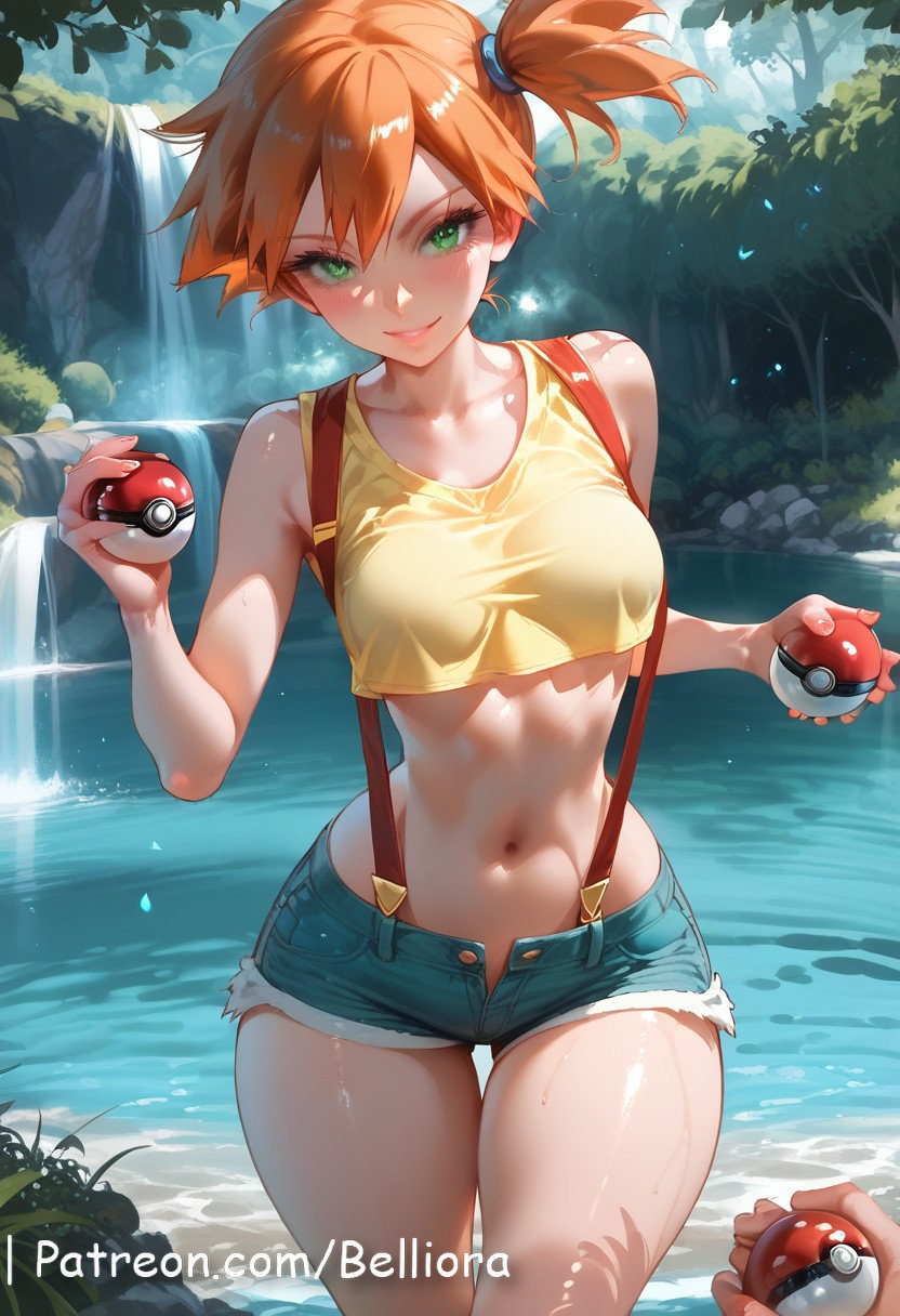 ai_generated alternative_bust_size ass asymmetrical_hair bangs bare_shoulders beach belliora blue_sky blush breasts clavicle cleavage clothing crop_top day denim denim_shorts female female female_only green_eyes grin gym_leader hair_between_eyes hair_tie hand_on_hip hand_on_own_hip holding holding_object holding_poke_ball huge_breasts kasumi_(pokemon) large_breasts looking_at_viewer midriff navel ocean orange_hair outdoors poke_ball poke_ball_(basic) pokemon pokemon_character pokemon_rgby pokemon_species ponytail shiny_skin shirt short_hair short_shorts shorts side_ponytail sky smile solo standing suspenders swimsuit tank_top teeth thick_thighs thighs tied_hair wide_hips