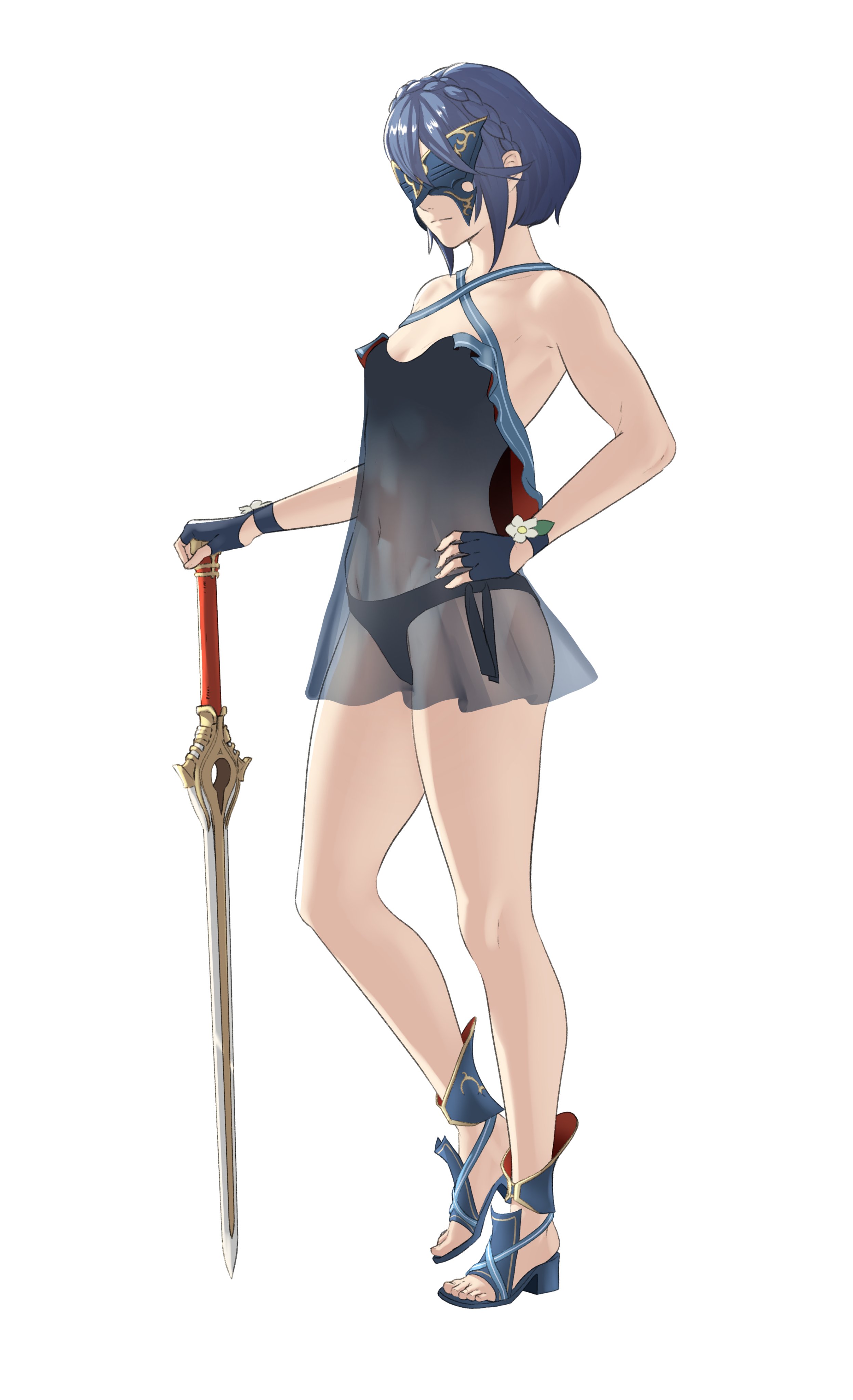 1girls, absurdres, alternate costume, armpits, bare arms, bare legs, bare shoulders, bikini, blue bikini, blue swimsuit, breasts, collarbone, criss-cross halter, falchion (fire emblem), female, female only, fire emblem, fire emblem awakening, fire emblem heroes, full body, halterneck, hand on own hip, high heel sandals, high heels, highres, holding, holding sword, holding weapon, lucina (fire emblem), marth (fire emblem awakening), mask, nintendo, official alternate costume, official alternate hairstyle, pomelomelon, sandals, see-through clothes, small breasts, solo, swimsuit, sword, weapon, white background