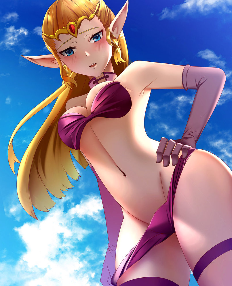 1girls, bikini, blonde hair, blue eyes, blush, earrings, female, female only, gloves, long hair, looking at viewer, navel, nintendo, ocarina of time, open mouth, outdoors, pointy ears, princess zelda, solo, tagme, the legend of zelda, thighhighs, thighs, tiara, triforce earrings, undressing, ysen-danlowk, zelda (ocarina of time)