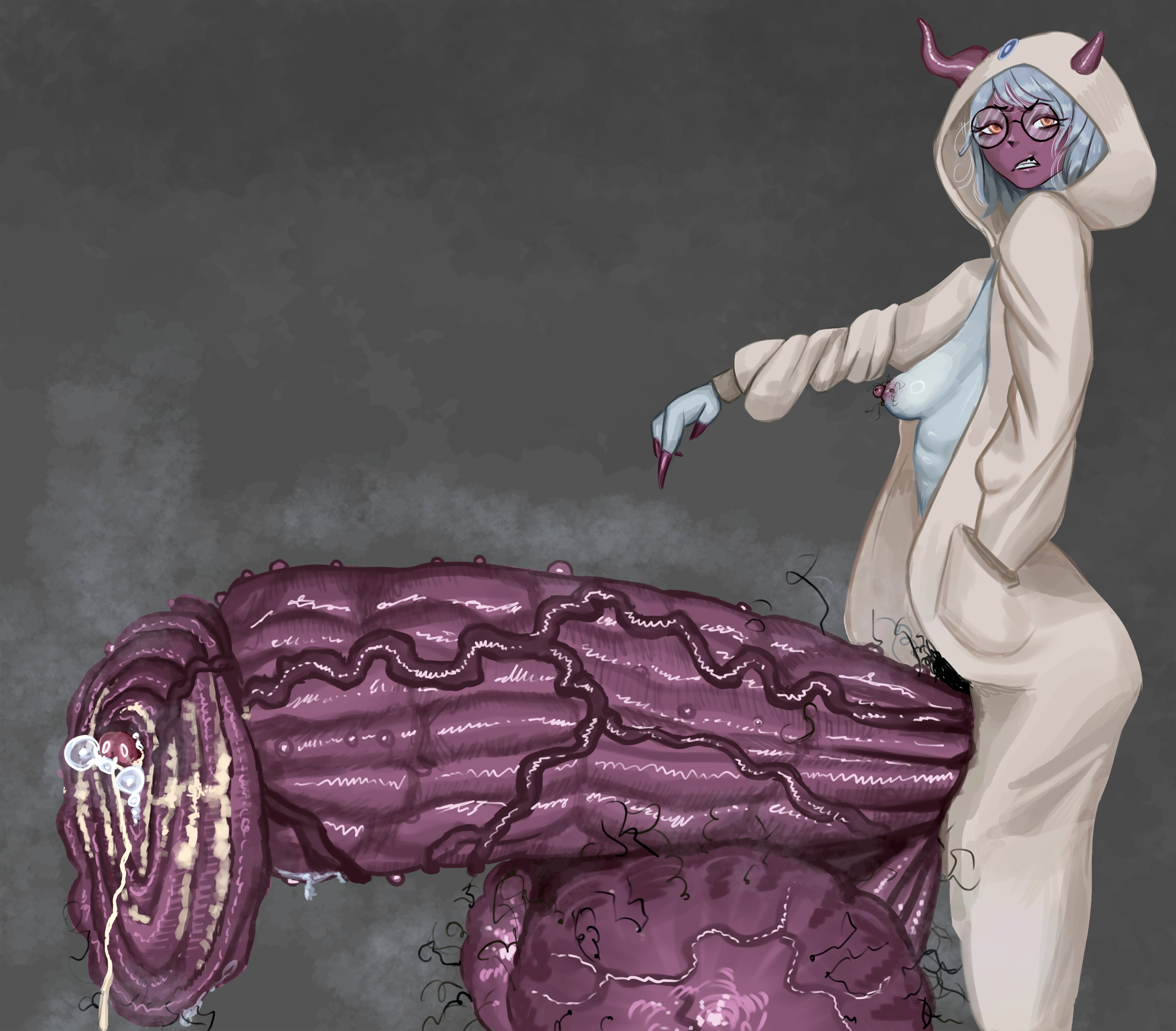 2024, balls, breasts, bumpy penis, foreskin, futanari, hairy nipples, horns, huge balls, huge cock, hyper balls, hyper foreskin, hyper penis, intersex, leaking cum, lewdcromulo, nipples, original character, penis, pointing at penis, smegma, solo, solo futa, uncircumcised, veiny penis