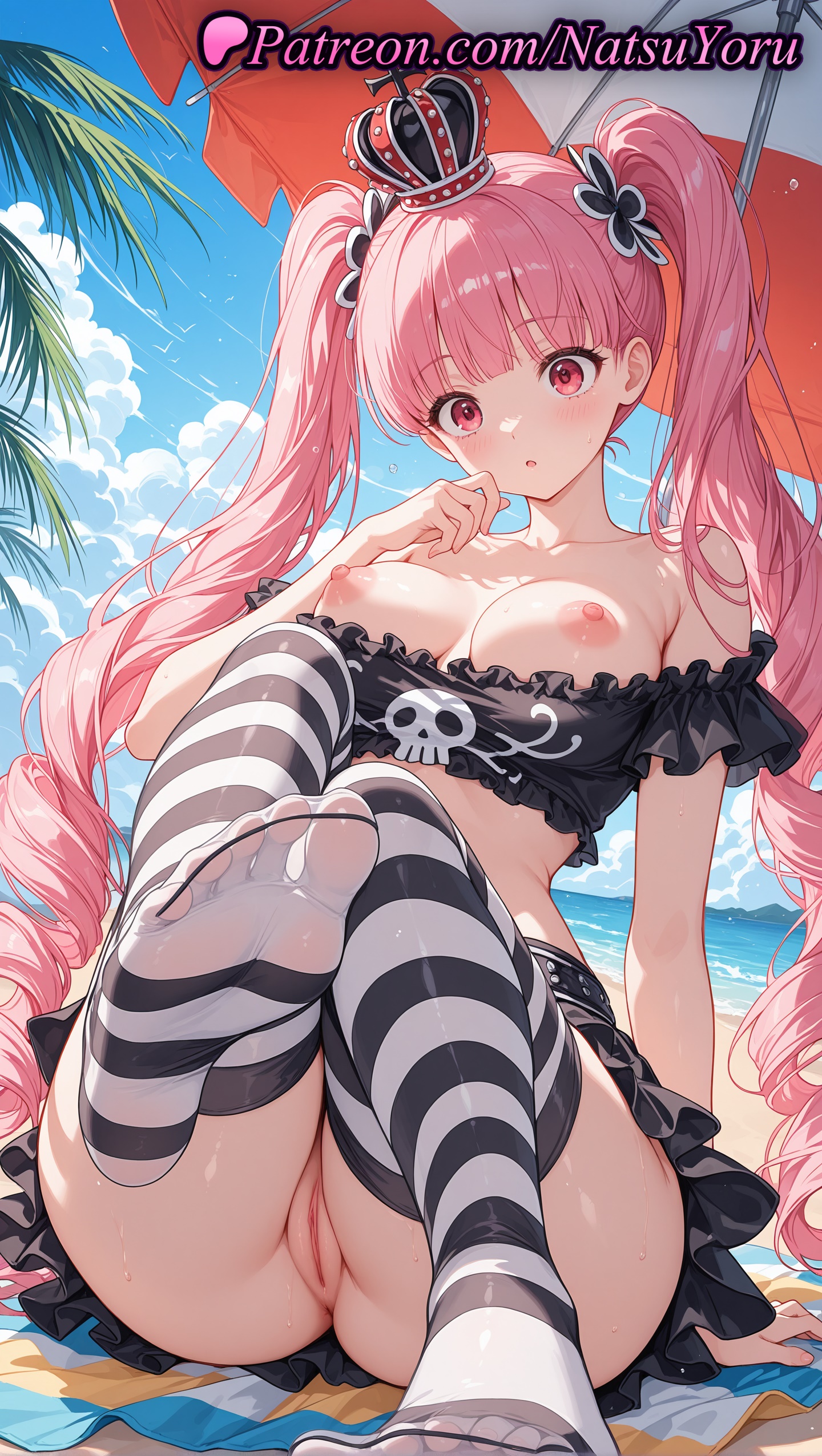 1girls, 2025, ai generated, bangs, bare shoulders, beach, beach umbrella, blush, breasts, clothing, crop top, crown, feet, female, female only, frilled bikini, frills, hi res, highres, large breasts, long hair, mini crown, natsuyoru, nipples, no shoes, off shoulder, one piece, one piece: egghead arc, outdoors, patreon, perona, perona (one piece), pink hair, pussy, sitting, skirt, sky, soles, solo, striped, striped clothes, striped thighhighs, swimsuit, thighhighs, toes, twintails, umbrella, very long hair, voluptuous, voluptuous female