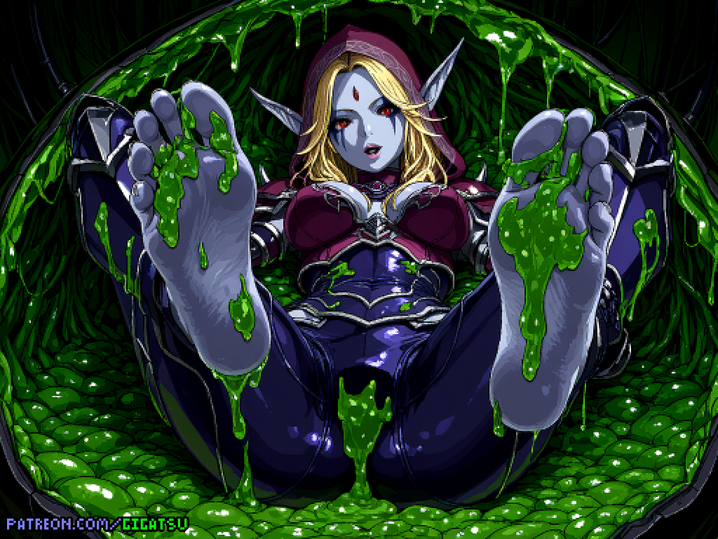 ai_generated barefoot blizzard_entertainment feet foot_fetish foot_focus gigatsu pixel_art slime slime_(substance) sole_female soles spread_legs sylvanas_windrunner toes world_of_warcraft