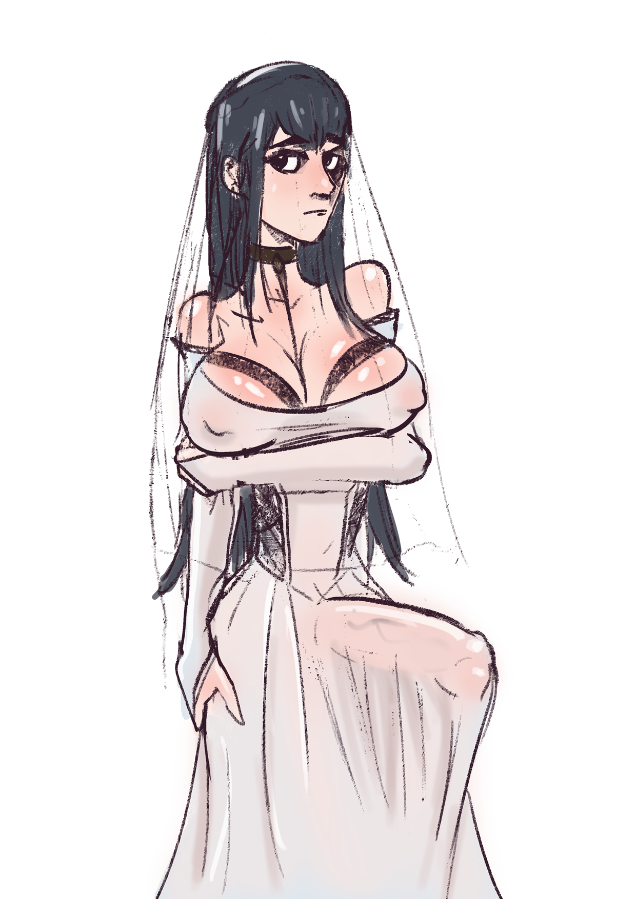 1futa, big breasts, breasts, bride, bulge, busty, cleavage, dickgirl, futa only, futanari, hourglass figure, huge penis, intersex, kill la kill, kiryuuin satsuki, penis, penis under dress, simple background, solo, solo futa, streachybear, voluptuous, wedding dress, wedding veil