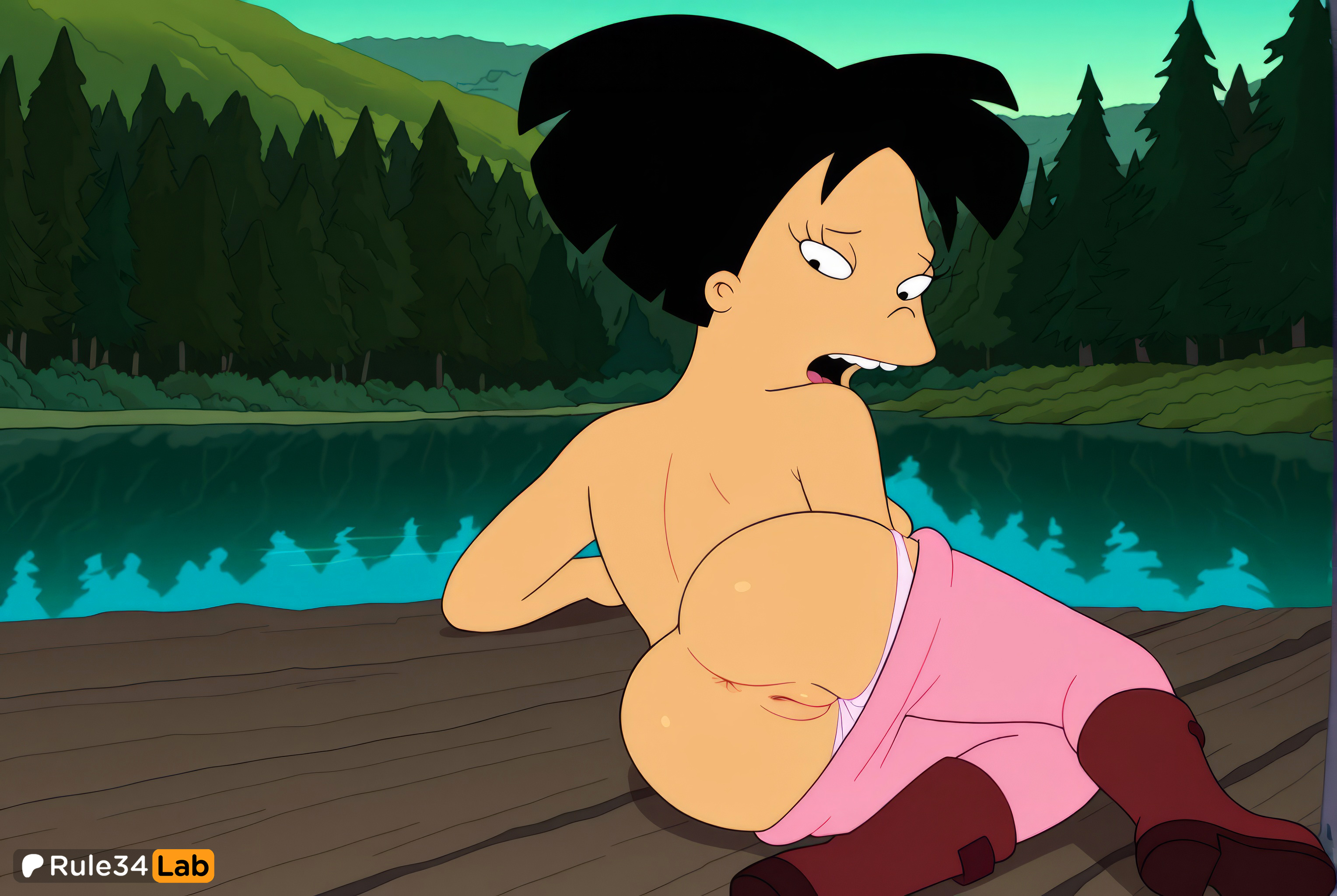 1girls, 20th century fox, 20th century studios, ai generated, amy wong, anus, artist name, ass, black eyes, black hair, boots, brown footwear, cleft of venus, clothes pull, female, female only, forest, from behind, futurama, hi res, lake, looking at viewer, looking back, lying, nature, on side, open mouth, outdoors, panties, pants, pants pull, panty pull, pink pants, pussy, river, rule34lab, short hair, solo, teeth, topless, tree, uncensored, underwear, water, white panties