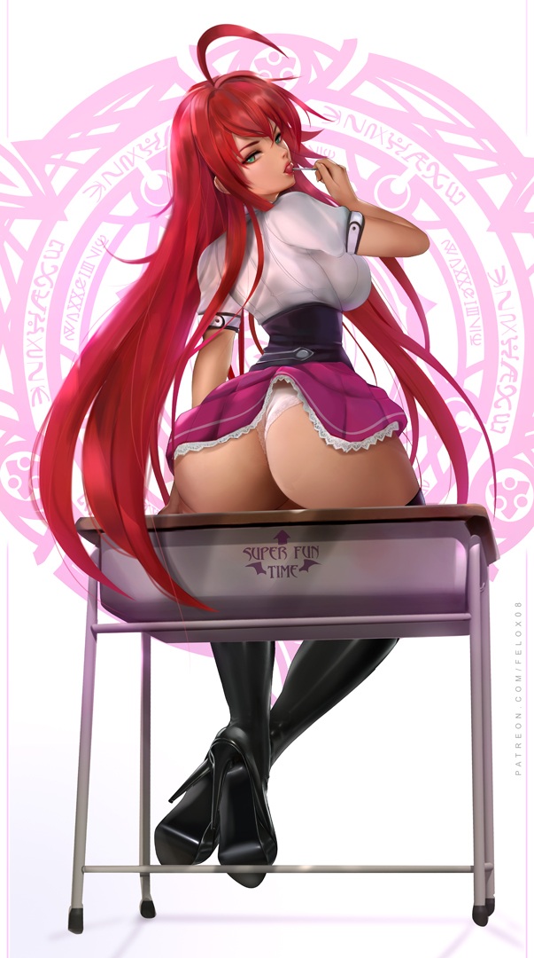 1girls, ass, ass focus, back view, big ass, big breasts, blue eyes, boots, breasts, bubble ass, bubble butt, desk, felox08, female, female only, heeled boots, heels, high heel boots, high school dxd, light skin, light-skinned female, lollipop, long hair, looking at viewer, looking back, miniskirt, panties, red hair, rias gremory, school uniform, solo, thigh boots, thighhighs, upskirt, voluptuous