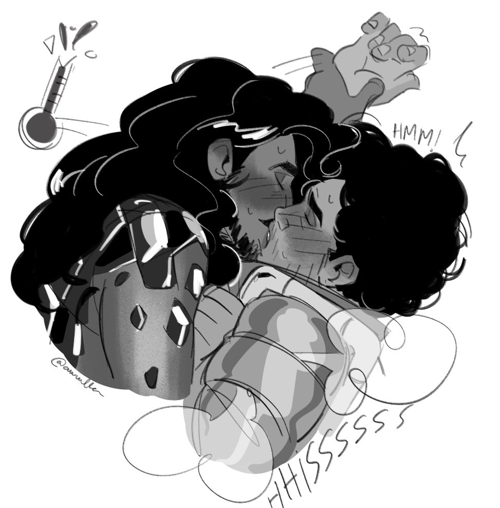 2boys, amir (date everything), awwlba, beard, black and white, black hair, blush, blush lines, blushing ears, crooked nose, curly hair, date everything, dialogue, gay, grabbing wrist, hector valentino airnesto condicionado (date everything), insecure, kissing, male, male/male, page 2, pinning down, sheer sleeves, shiny clothes, shy, steam, steaming body, sweat, sweatdrop, tan body, tan skin, tanned, tanned male, tanned skin, text, wavy hair, wrist grab