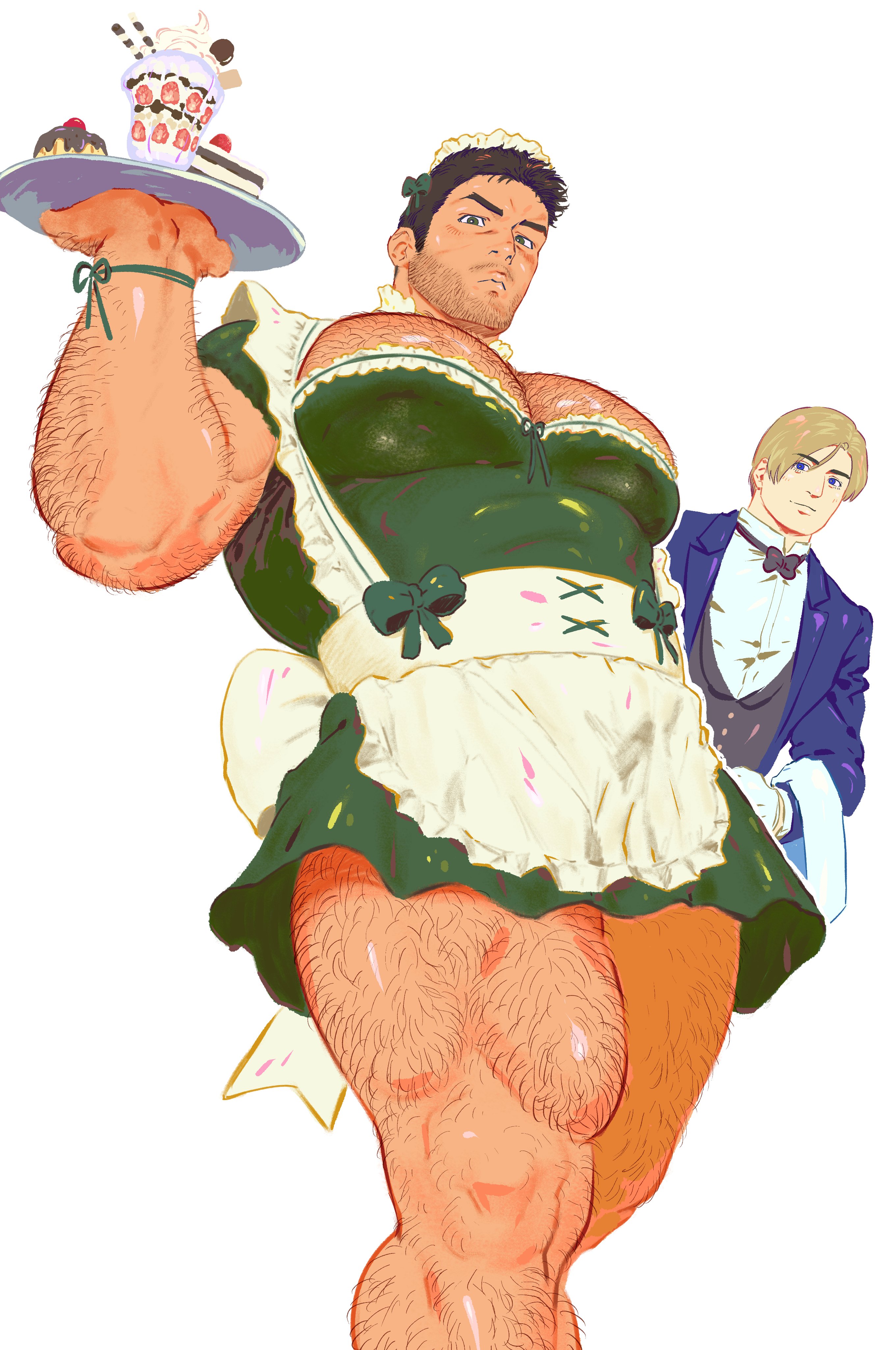 123456dyom, 2boys, arm hair, bara, chest hair, chris redfield, crossdressing, crossdressing male, facial hair, femboy, femboy dilf, holding tray, leg hair, legs, leon scott kennedy, male, male focus, male only, masculine crossdresser, muscular, muscular arms, muscular legs, muscular male, muscular thighs, pecs, pectorals, resident evil, simple background, thighs, white background, yaoi