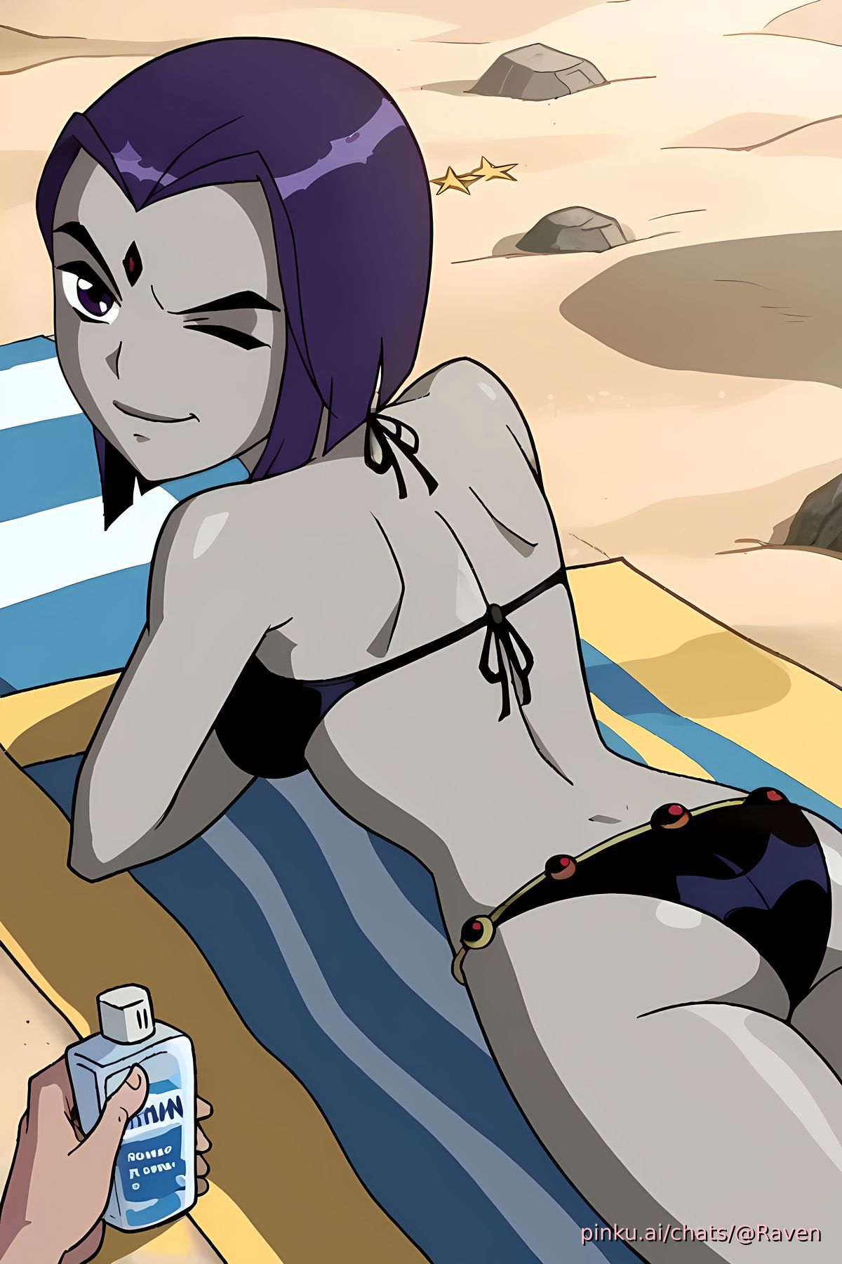 ai_generated ass beach bikini black_bikini breasts from_above looking_at_viewer pinku.ai raven_(dc) smirk stomach sunscreen teen_titans towel wink