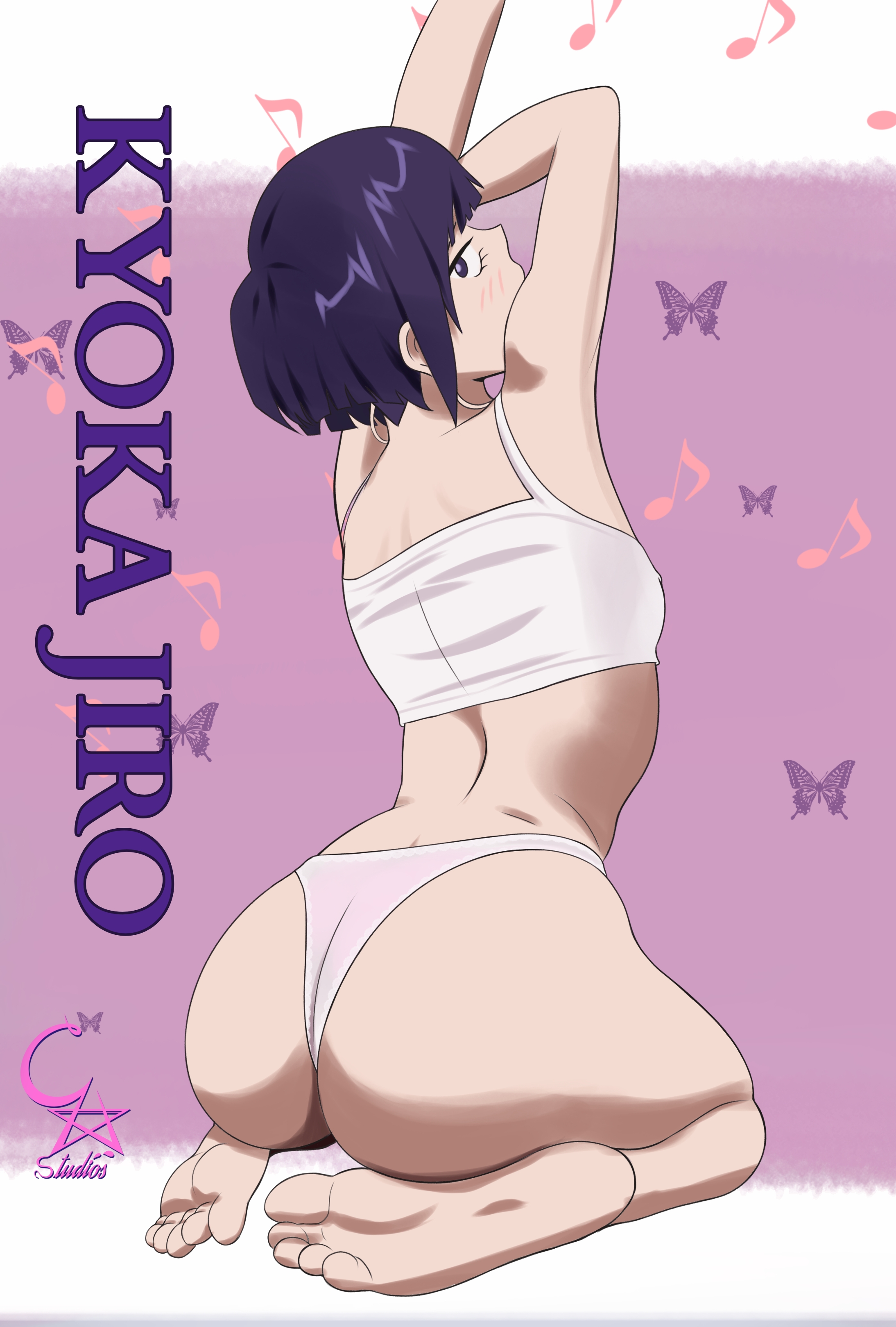 1girls, ass, big ass, cockstar studios, crop top, feet, female, kneeling, kyoka jiro, my hero academia, purple hair, purple-haired female, soles, thong