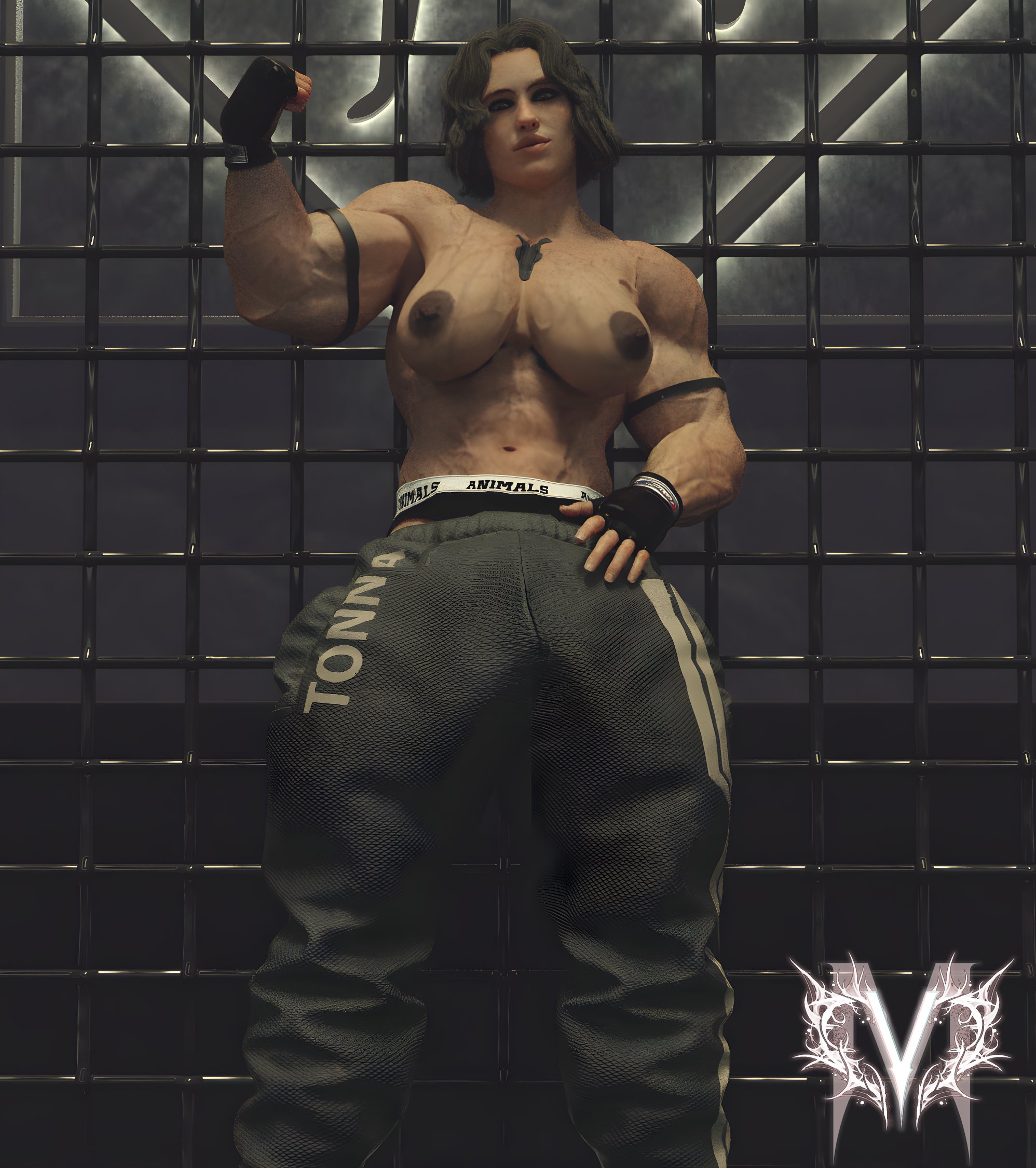 1girls, 3d, abs, boxing gloves, breasts, briefs, brown hair, brown nipples, cd projekt red, cyberpunk 2077, female, female only, flexing, flexing bicep, gloves, muscles, muscular, muscular arms, muscular female, nipples, pants, rhino (cyberpunk 2077), solo, solo female, tattoo, topless, underwear, valentine mafia3d, veiny abs, veiny muscles