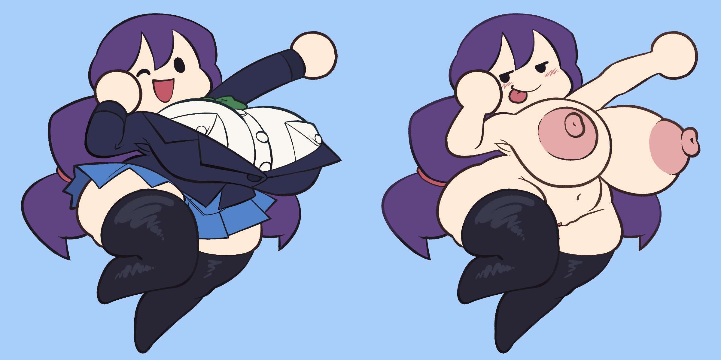 1girls, agal1502, areolae, breasts, chibi, female, female only, huge breasts, love live!, love live! school idol project, nipples, purple hair, school uniform, shortstack, siivagunner, smol nozomi, solo, tagme, toujou nozomi